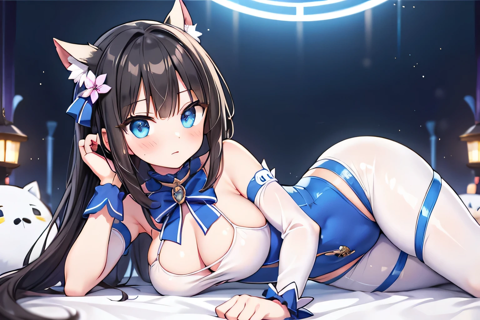 1 female、Black Hair、(Shibuya Rin)、((Teasing expression))、Beautiful breasts、(((Sexy Magical Girl White and Blue Shiny Bodysuit))()((Blushing、Surprised expression)),(((Satin Nariko)))),(whole body))))))()()street,crowd(Magical Girl Hair Ornament)