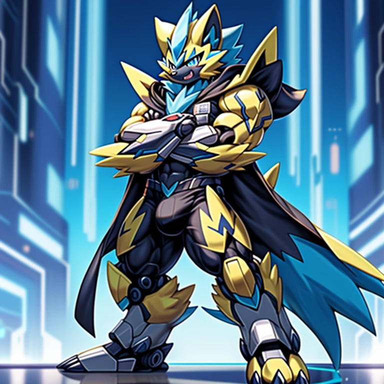 (masterpiece, best quality, detailed:1.2) (Pokémon) detailed full body, (Pokémon) Zeraora's giant robot. big muscle. GIANT. pecs, triceps, traps, waist narrow. body full of huge muscles. bulge in the crotch, He wears a black cloak on his back. The cloak is so long that it touches the ground, crossed arms. The claws are sharp, Sharp teeth, Protecting Zeraora's design and color scheme. bulge in the crotch, Wearing cyberpunk mecha, glowing wide and heavy armor, He wears the same armor as himself from head to foot. a furry hero.