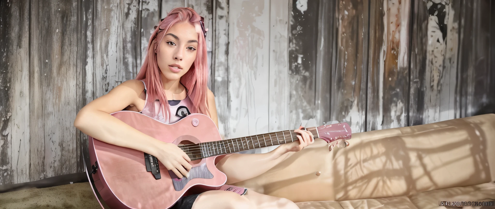 fitaitana pink hair, 1girl,  ((plays guitar)), beautiful, 