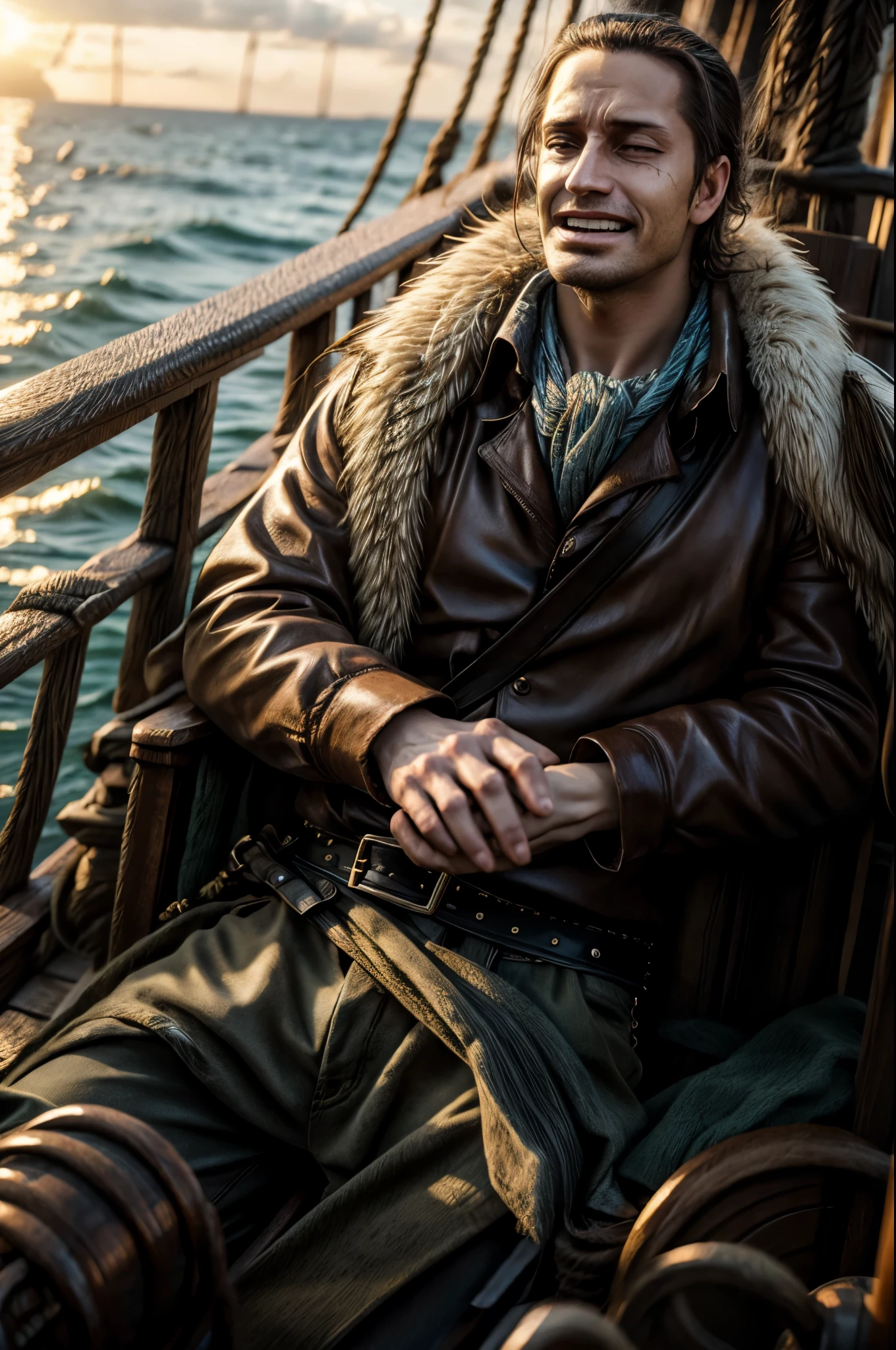 masterpiece, best quality, extremely detailed, hyperrealistic, photorealistic, a cool 40s man, ultra detailed face:1.2, fur-trimmed coat, scarf around the neck, his left hand is a golden pirate hook:1.1, on the ship, sunrise:1.1, cigar, laughing:1.1