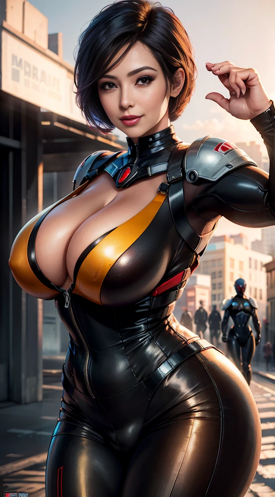 realistic portrait of beautiful mature woman, cute smile, Wasp woman, Bustling Street, (inspired by Mass Effect), Wasp Woman Suit, Safety Rating, Breast Plump, Fat Buttocks, Leather Pants Wrapped Around Buttocks (8k, foto RAW, fotorrealista: 1, 25), (muito Brilho Labial, lots of eyelashes, Melhor Qualidade, ultra high resolution, Profundidade de Campo, Chromatic aberration, luz ampla, cor natural, distant image (1:2), (huge breasts:1.3),