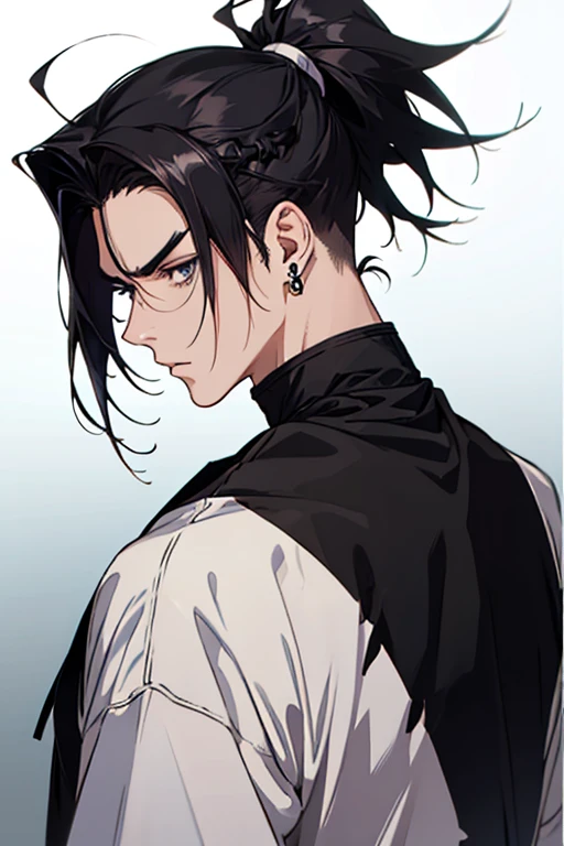anime man gradient anime young black hair ponytail low back shaved on the sides turns the hair to the left side in the middle serious face with black earrings sweatshirt big hair