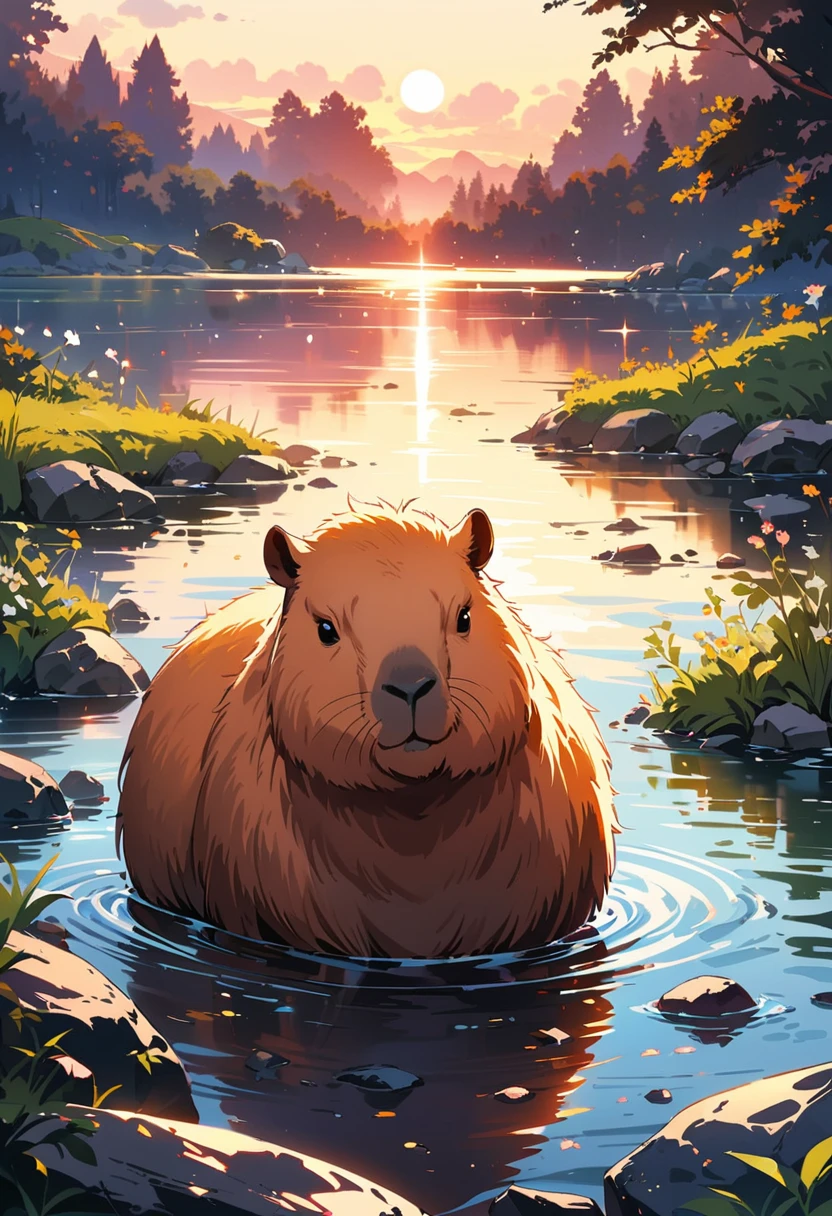 capybara, Solitary, Waterside, relaxed expression, Fluffy fur, Rich natural environment, Sunset and soft lights, Flowers and plants, Rocks and roots, Insects and small animals, Reflections on the water, Peaceful scenery, Water spray, Peaceful and leisurely life, masterpiece), (best quality), (Super detailed), irrationality, complex and detailed, Absolute resolution, Ridiculous, high resolution, texture,
