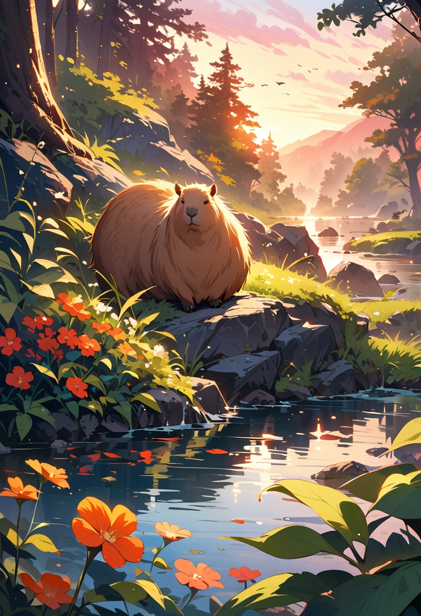 capybara, Solitary, Waterside, relaxed expression, Fluffy fur, Rich natural environment, Sunset and soft lights, Flowers and plants, Rocks and roots, Insects and small animals, Reflections on the water, Peaceful scenery, Water spray, Peaceful and leisurely life, masterpiece), (best quality), (Super detailed), irrationality, complex and detailed, Absolute resolution, Ridiculous, high resolution, texture,
