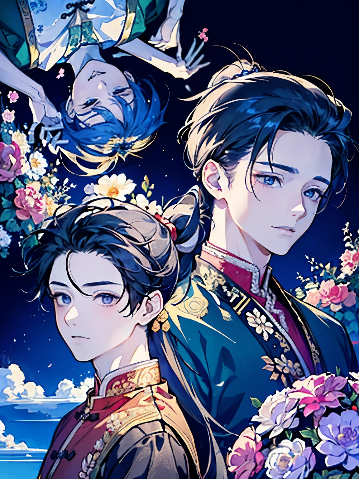 ((Two boys around 16 years old)),(Ancient Chinese style war god costume),(ponytail:1.5),((Fantasy)),(Bright atmosphere background),(A lot of large flowers are overflowing),(Falling from the sky),(Heaven and earth are useless),(Upside down)