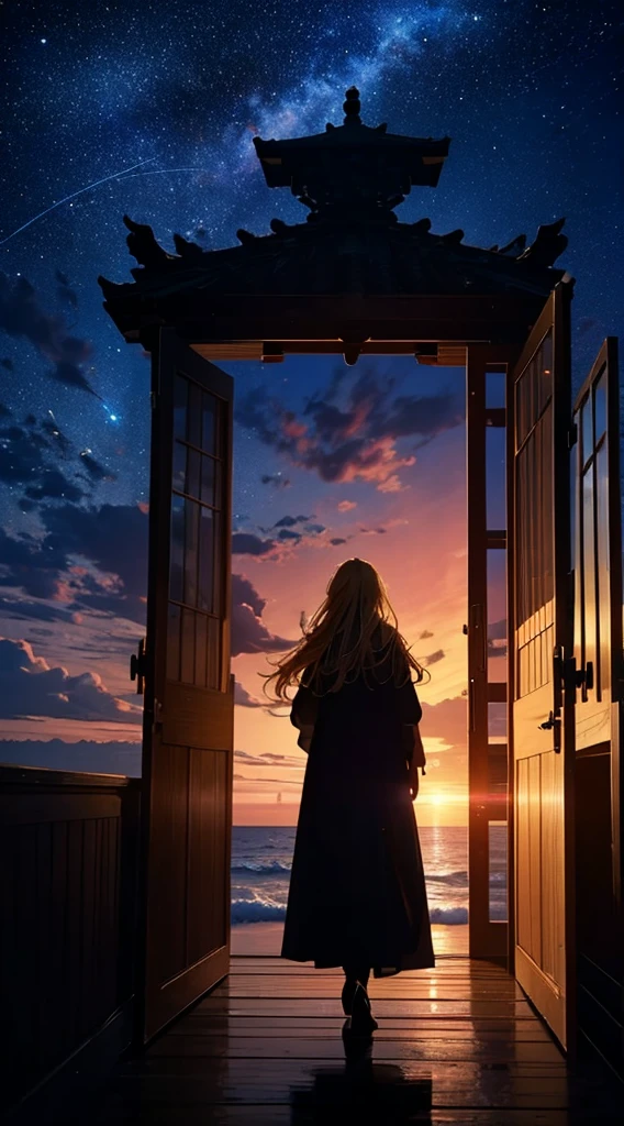 1people々々々々々々々々,Blonde long-haired woman,Long coat, Dress Silhouette, Rear View,Space Sky, The boundary between sea and space,door,
