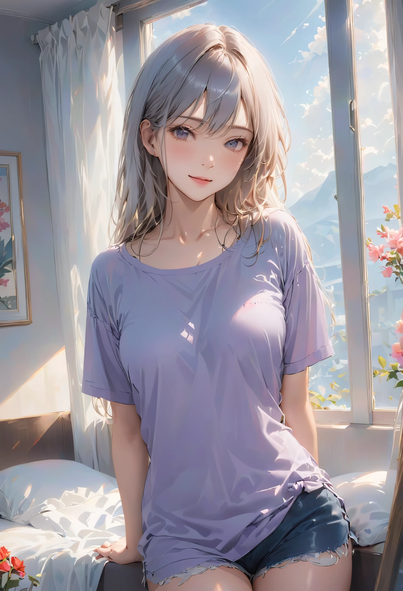 (Higher resolution, Clearly_image) best quality, A woman, masterpiece, Very detailed, Semi-realistic, 21 years old, fair, young, Handsome, t-shirt, Lilac shirt, Collar around the neck, Internal, modern room, window, wake up, morning, blush, Smile