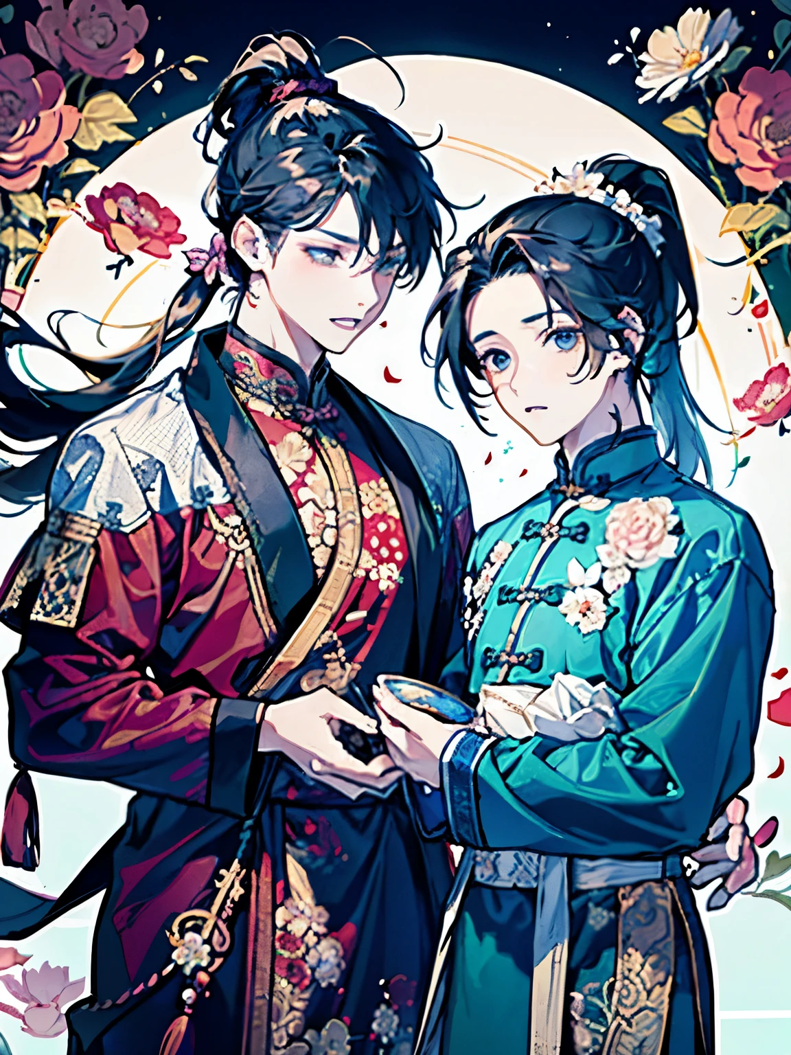 ((Two boys around 16 years old)),(Ancient Chinese style war god costume),(ponytail:1.5),((Fantasy)),(Bright atmosphere background),(A lot of large flowers are overflowing),(Falling from the sky),(Heaven and earth are useless),(Upside down)