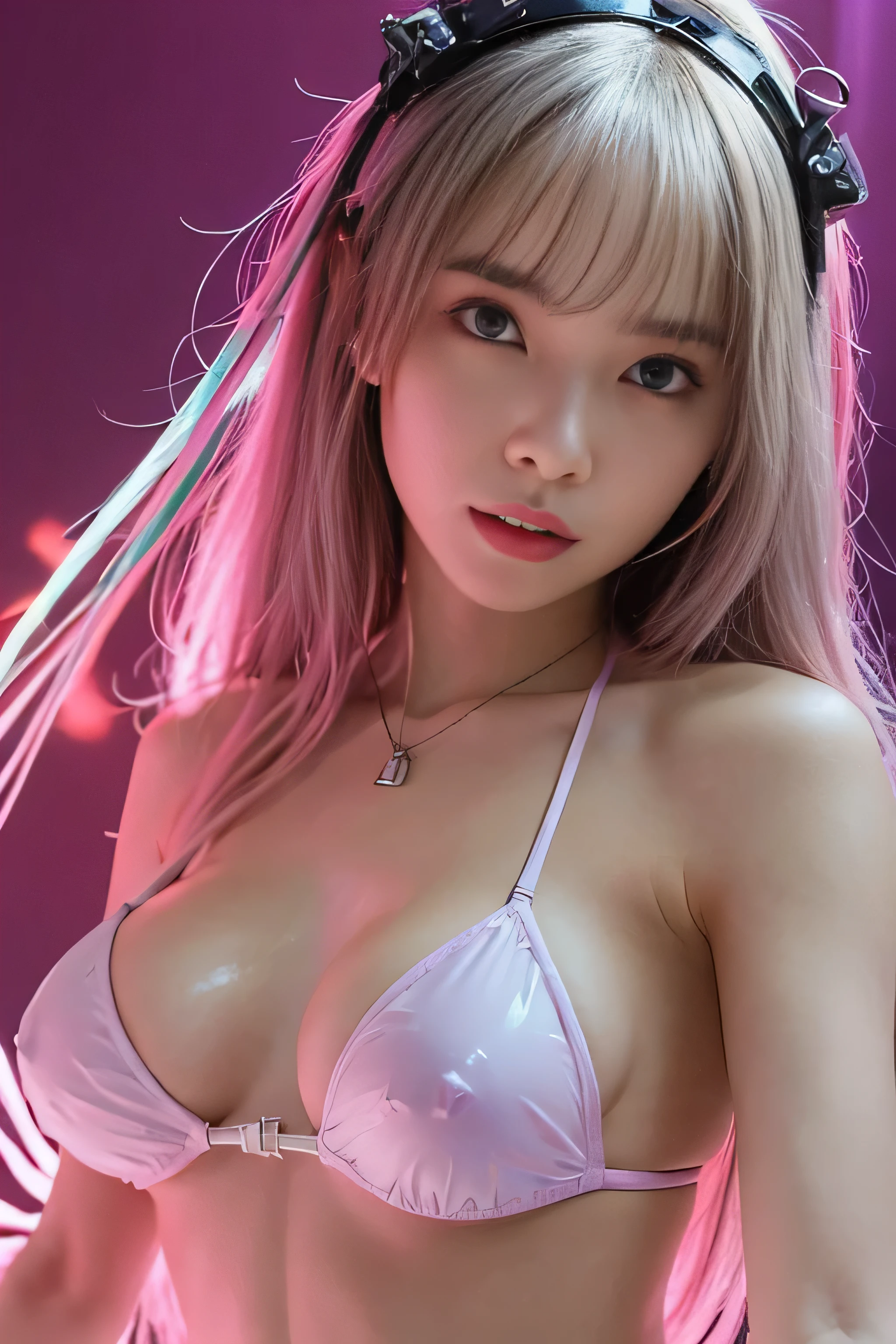 highest quality、masterpiece、Ultra-high resolution、(Photorealistic:1.4)、RAW Photos、(A girl tied to a machine)、13 years、Shiny platinum hair、Embarrassed look、Glowing Skin、((Ultra-Realistic Details))、Portraiture、Global Illumination、Shadow、Octane Rendering、8k、Ultra Sharp、Big Breasts、Cleavage、(Exposed bare skin underbust:1.4)、(Transparent latex micro bikini without strings:1.4)、Upper arm chain、Very intricate detail、Realistic Light、Trends of the CG Association、Purple eyes、Shining Eyes、To the camera、Neon Details、Sit on、Futuristic hair accessories、Gundam、Small LED Lamp、Purple neon lighting、Green neon lighting、, Showing your underarm hair, hard nipples erect:1.4, nipples pointing up:1.4, headset, Random Angle,