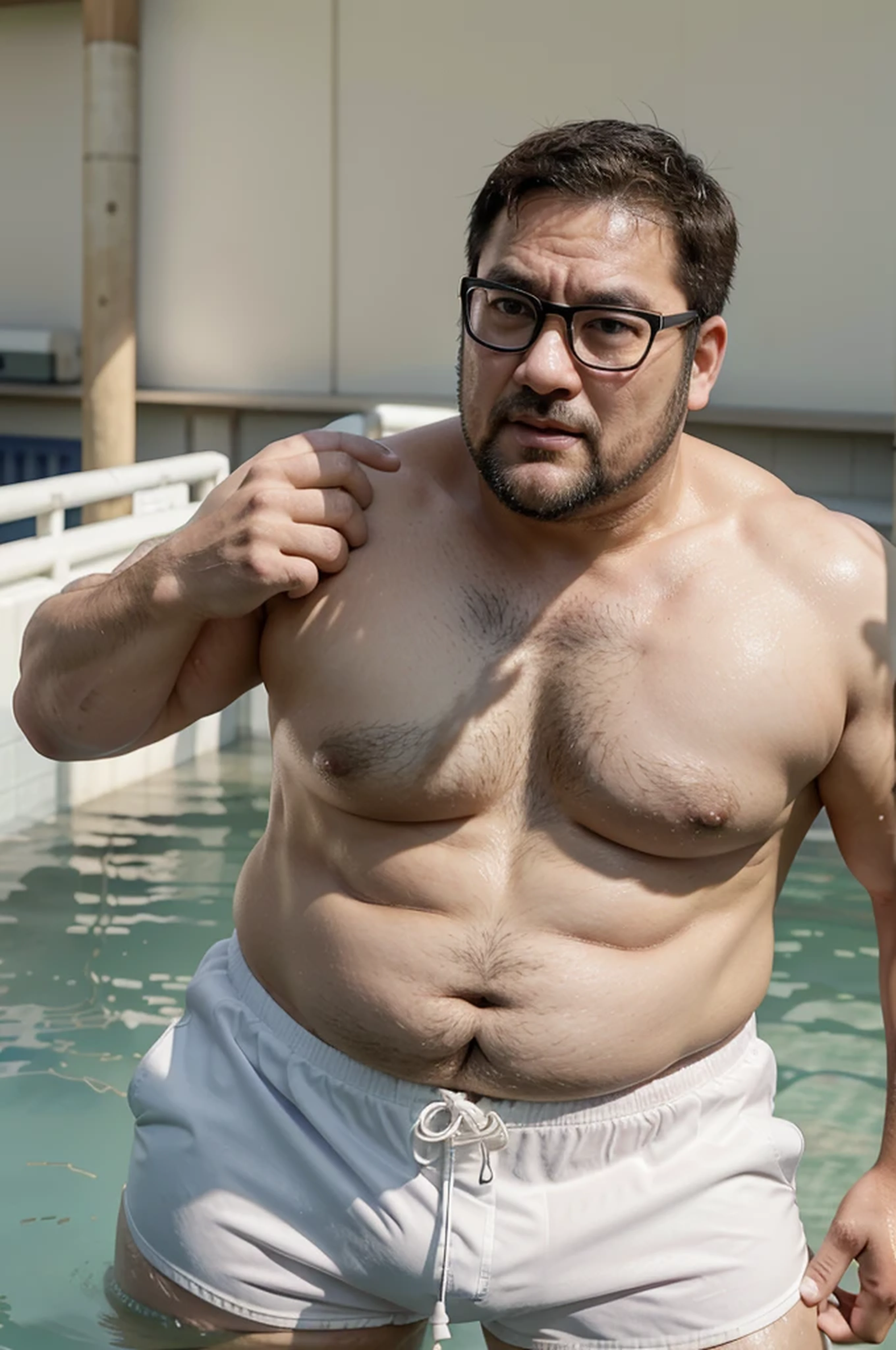 Japan male at 50 years old、Former rugby player。Short beard and short hair、Wearing glasses、Wearing white swimming trunks、Inflate your crotch、Standing beside the stream。Stocky, fat body and round face。 Thick neck。 Drooping eyebrows。He is grabbing the bulge between his legs with his right hand.。