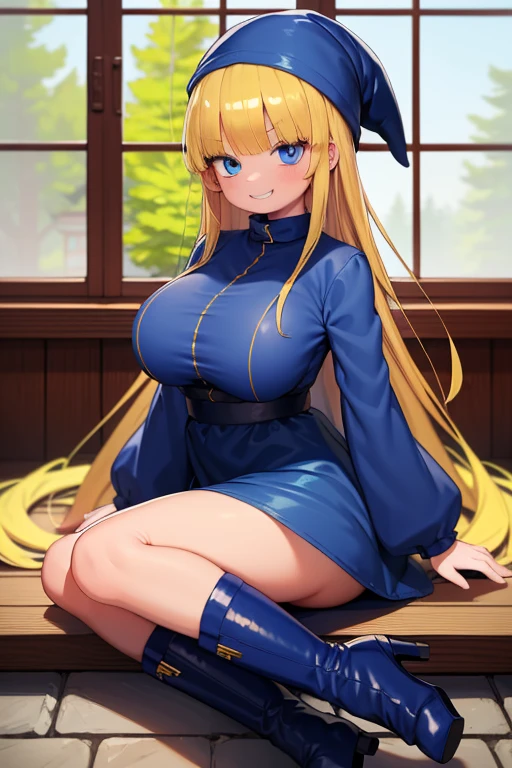 masterpiece, highrez,highly detailed, absurdres, witchP123, 1girl, solo, blonde hair, long hair, blue eyes, blue boots, blue dress, long sleeves, hat, in forest, window, evil grin, gigantic breasts, 