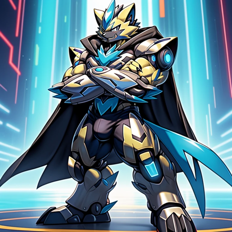 (masterpiece, best quality, detailed:1.2)
(Pokémon)
detailed full body,
(Pokémon) Zeraora's giant robot. big muscle. GIANT. pecs, triceps, traps, waist narrow.
body full of huge muscles. bulge in the crotch, He wears a black cloak on his back. The cloak is so long that it touches the ground, crossed arms. The claws are sharp,
Sharp teeth, Protecting Zeraora's design and color scheme. bulge in the crotch,
Wearing cyberpunk mecha,
glowing wide and heavy armor,
He wears the same armor as himself from head to foot.
a furry hero.