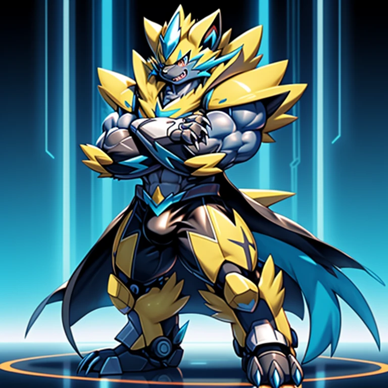 (masterpiece, best quality, detailed:1.2)
(Pokémon)
detailed full body,
(Pokémon) Zeraora's giant robot. big muscle. GIANT. pecs, triceps, traps, waist narrow.
body full of huge muscles. bulge in the crotch, He wears a black cloak on his back. The cloak is so long that it touches the ground, crossed arms. The claws are sharp,
Sharp teeth, Protecting Zeraora's design and color scheme. bulge in the crotch, 
Wearing cyberpunk mecha,
glowing wide and heavy armor,
He wears the same armor as himself from head to foot.
a furry hero.
