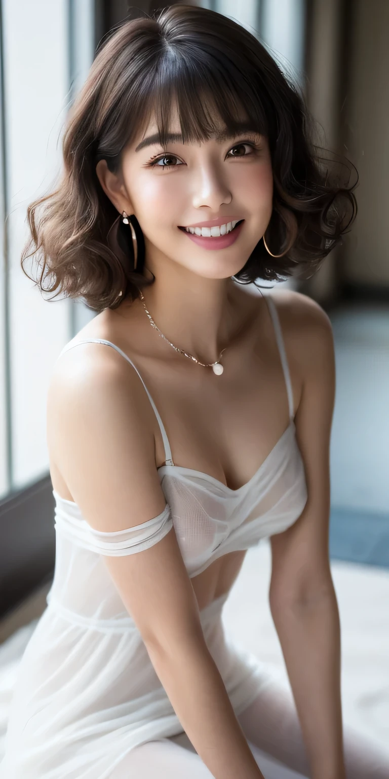 (Korean women), One girl, realism, ((highest quality, 8k, masterpiece: 1.3)), Nikon Camera, Camera aperture F1.2, Photo Textures, In the bedroom, High Contrast, (Elegant Dresses), (Face close-up), Fine skin, High-quality fabric, Black or dark blue slim dress, Pair with mid-heeled shoes, Can improve temperament. Pair it with a simple short jacket for a layered, professional look., Simple and elegant handbag, It looks much better, For hairstyle, you can choose between a simple and neat low ponytail or a smart straight hairstyle., Hair color should be natural brown or black, For skin tones, you need to choose a natural base makeup., Bright colored eyeshadow and lipstick, It looks much better and delicate, (White skin like snow), White skin, smile,

20-year-old, 1 person, ((Beautiful female announcer,Gentle smile:1.5)),
((Gorgeous Earrings, Long necklace that hangs from the chest:1.2)), 
((A milky dress made of fabric that fits the body perfectly:1.5)),
((Sitting on the floor, No bra, The clothes are see-through:1.5)),
(Full body image from thigh, Pay attention to the beautiful thighs:1.5), 

((luxury hotel bedroom bed, The midsummer sun shines on the whole)), 
((The large windows overlook the ocean horizon.:1.2)), 

Flexible body :1.3, Model Body Type:1.5, 頭w:1.4, Perfect Style：1.4, 
Realistic skin texture, Fair skin, Shiny skin, 
Narrow shoulders, Beautiful clavicle, Long, slender legs, 
Highly detailed face, Slim face contour, Beautiful small face, Beautiful Nose, 
Ultra-detailed eyes, Slit eyes, Brown eyes, double eyelid, Ultra-thin eyebrows, Thin, long eyelashes, 
Ultra-detailed lips, Plump and moisturized lips, glossy pink lips, Flushed Cheeks, ((White beautiful teeth)), 
Beautiful actress&#39;s ennui makeup, Pink lipstick, Smoky eyeshadow, 
Dark Brown Hair, Delicate soft hair, Hair blowing in the wind, 
(Put your hair up, Medium Short Hair, Elegant curly hair:1.2), 
Layered Cut, (Blunt bangs:1.2), 
Mouth half open, Attractive look, Looking into the camera, 

((Lift your face a little)),
((Chest to chest)),
((Squint your eyes)), 
((Pursing your lips:1.2)),
((Cheeks turn red:1.2)),
((Flat Chest)),
