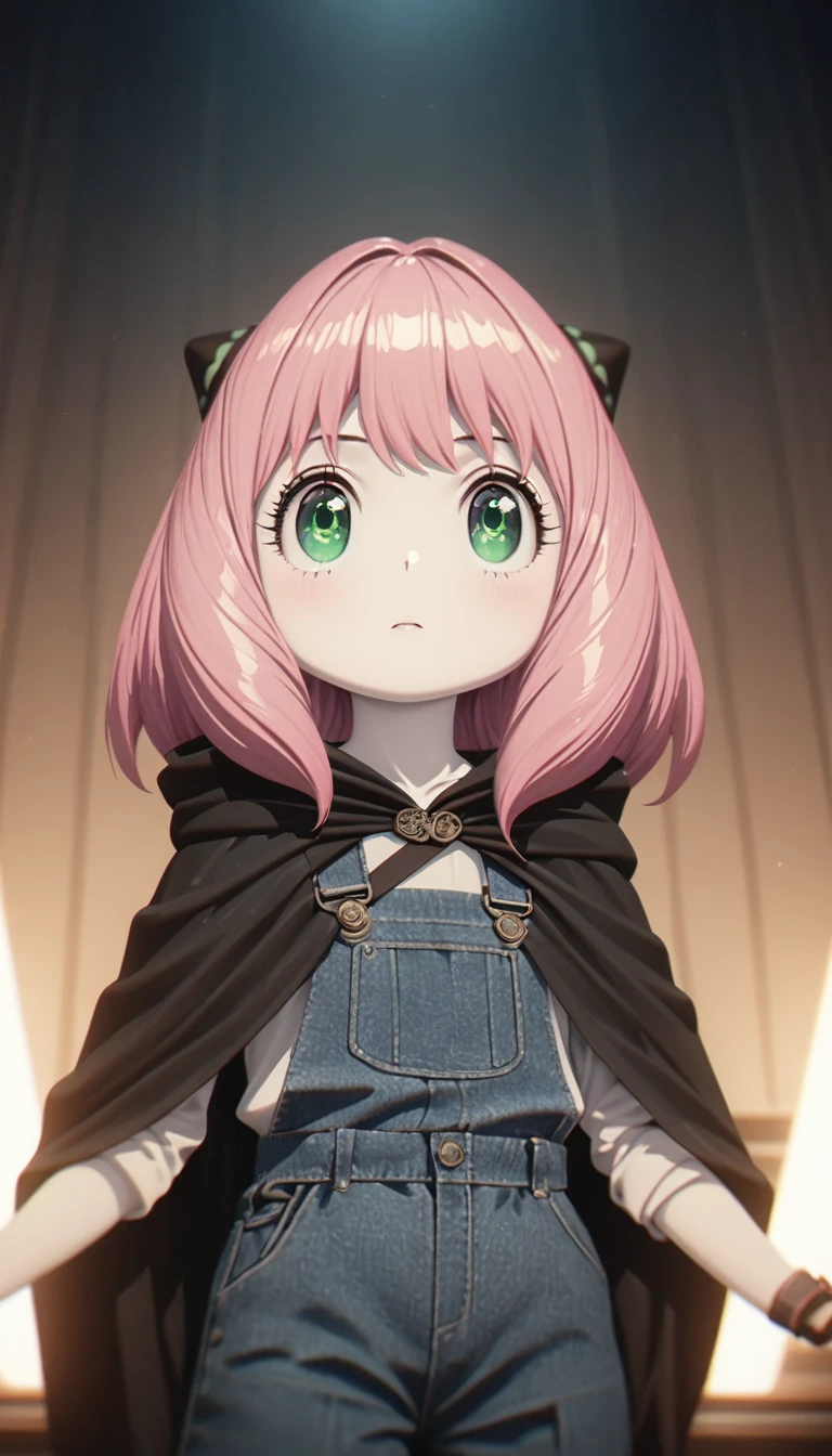 Nice little girl，With realistic green eyes, Pale skin, Pink medium-length hair, hairpods, Perfect face, Perfect eyes, Wearing a black cape, Very detailed, Overall Movie, number, 8k, Cinema Lighting, best quality, high resolution, detailed work, Post-Processing, Perfect results, Surreal