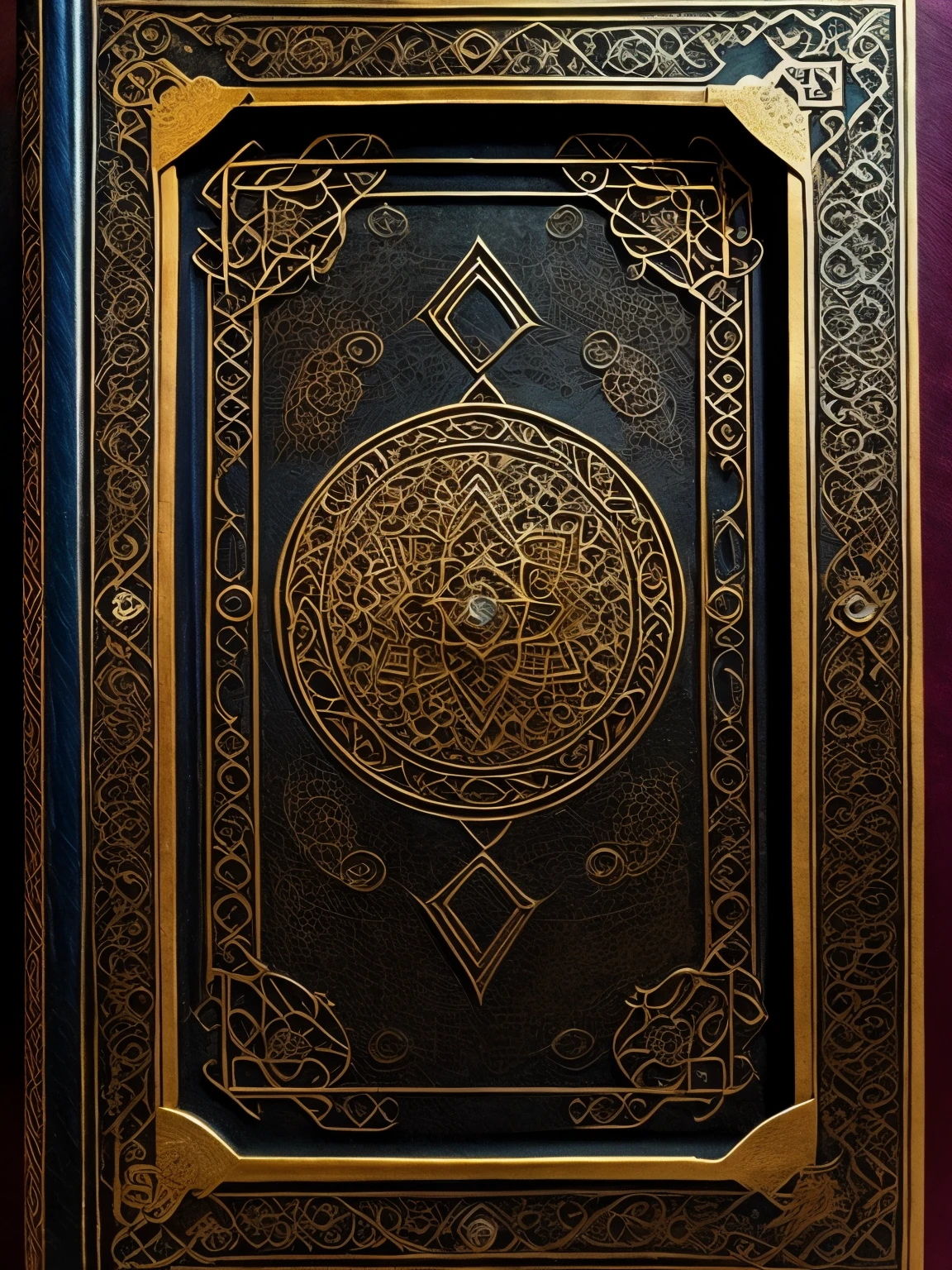 cover of an ancient tome, filigree, gems