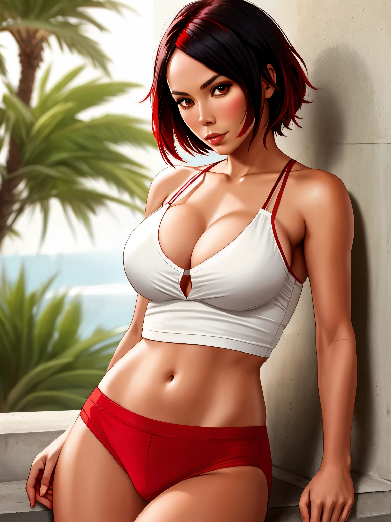 Lexa Doig, red camisole, white panties, short bobcut black hair with red streaks