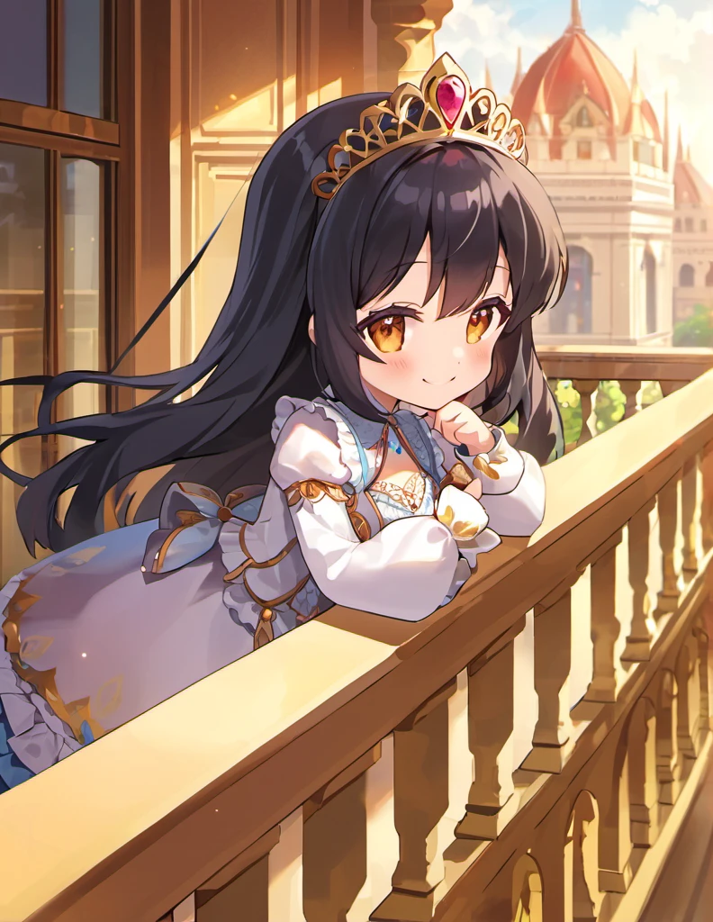 (chibi character:1.3), (nendoroid, faux figurine:1.3), small smile, (adolescence girl), (petite), (white detailed princess dress with many frills), frillt long sleeves, beautiful long straight hair, blunt bangs, black hair, palace balcony