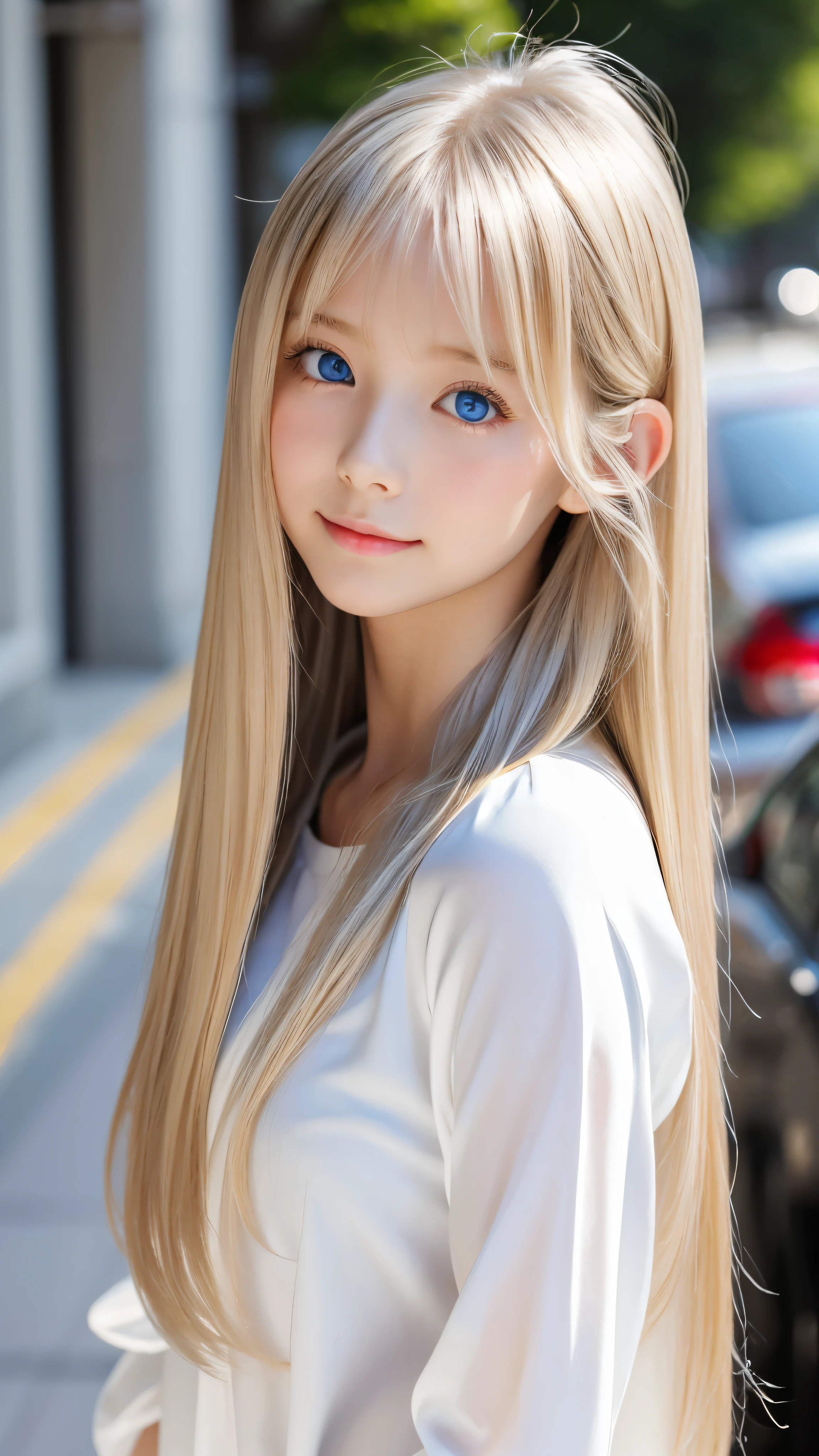 Shining, clear, white skin、Her windblown blonde hair hides her beautiful face、huge、28 years old cute sexy little beautiful face、Beautiful straight hair that stands out、growing up, Sparkling light blue eyes、long silky bangs that cover cute eyes, Sexy and cute young woman with super long hair hiding her sexy face、Super long shiny silver hair
