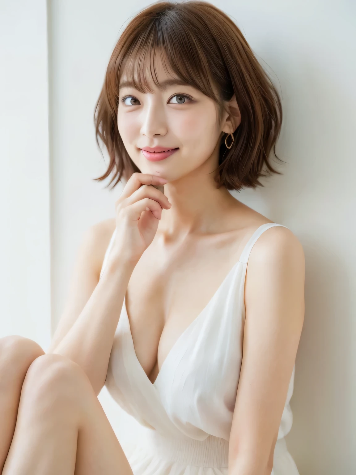 (8k, RAW Photos, highest quality, masterpiece:1.2), High-quality RAW color photos, Professional photos, (Realistic, photo Realistic:1.37), Cinematic Light, 1 girl, Laughter, White wall, Taken in front of a white door, (A room with a white wall and a window), Various poses, break (Ombre:1.3) , Simple Necklace, Spring Clothes, (Beautiful profile:1.3), profile, Dark Brown Hair色, Short hair 20 years old, 1 person, ((Beautiful female announcer,A kind smile:1.5)),
((Gorgeous Earrings, Long necklace that hangs from the chest:1.2)),
((A milky dress made of fabric that fits the body perfectly:1.5)),
((Sitting on the floor, Looking up, No bra, The clothes are see-through:1.5)),
(Full body image from thigh, Pay attention to the beautiful thighs:1.5),
((luxury hotel bedroom bed, The midsummer sun shines on the whole)),
((The large windows overlook the ocean horizon.:1.2)),
Flexible body :1.3, Model Body Type:1.5, 頭w:1.4, Perfect Style:1.4,
Realistic skin texture, Fair skin, Shiny skin,
Highly detailed face, Slim face contour, Beautiful small face, Beautiful Nose,
Ultra-detailed eyes, Slit eyes, Brown eyes, double eyelid, Ultra-thin eyebrows, Thin, long eyelashes,
Ultra-detailed lips, Plump and moisturized lips, glossy pink lips, Flushed Cheeks, ((White beautiful teeth)),
Beautiful actress's ennui makeup, Pink lipstick, Smoky eyeshadow, Eye foundation,
Dark Brown Hair, Delicate soft hair, Hair blowing in the wind,
(Put your hair up, Medium Short Hair, Elegant curly hair:1.2),
Layered Cut, (Blunt bangs:1.2),
Mouth half open, Attractive look, Looking into the camera,
((Lift your face a little)),
((Chest to chest)),
((Squint your eyes)),
((Pursing your lips:1.2)),
((Cheeks turn red:1.2)),
((Flat Chest)),