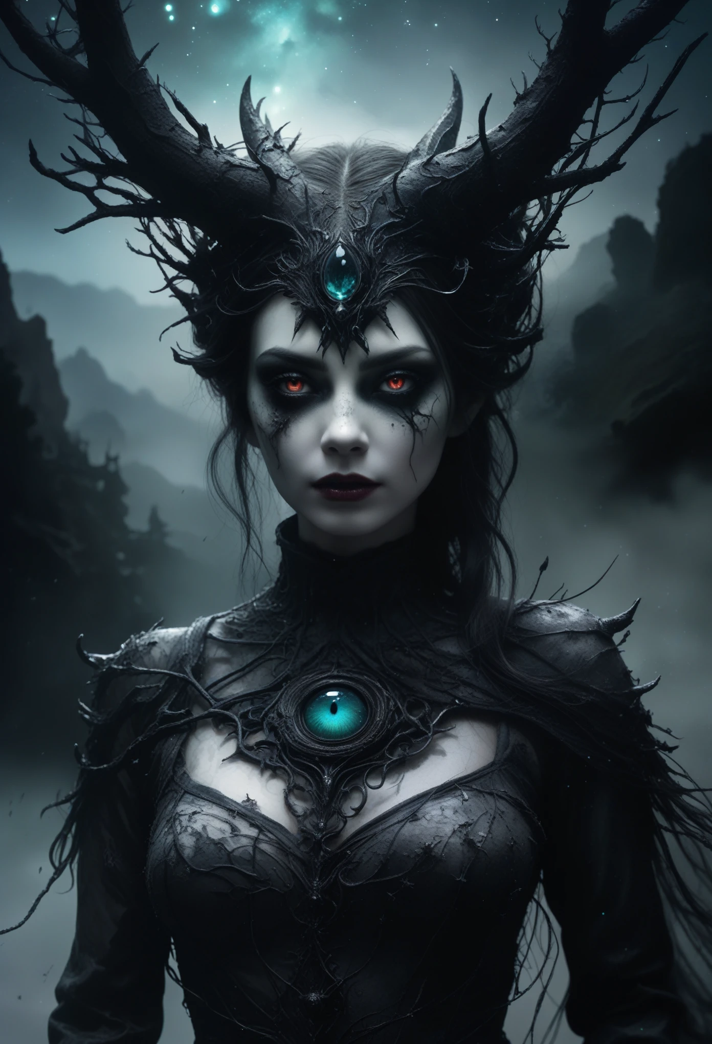 A woman with horns and a blue eye stands in front of a dark background ...
