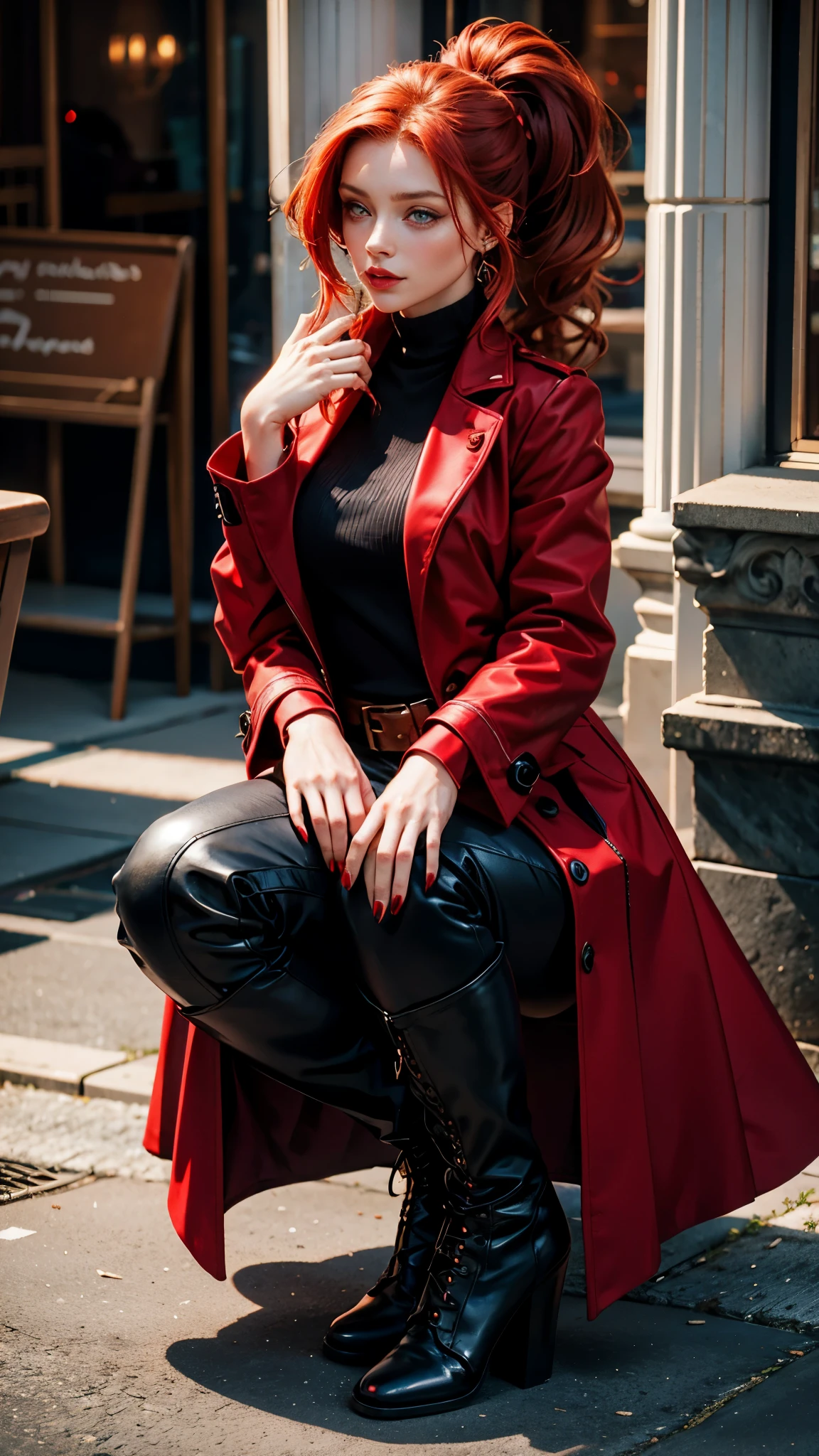 A beautiful redhead with a ponytail, in elegant black boots, elegant, beautiful feminine red coat, red painted nails, blue eyes, beautiful woman