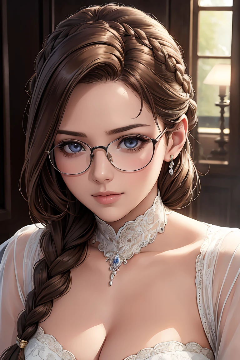 masterpiece, Best Quality, A high resolution, (Photorealistic:1.4), Detailed beautiful face, detailed clothes, Stunning European women, Wearing a white dress, Super Cute, Gorgeous twin braided brown hair, glasses, 8K resolution, Ultra-realistic, Ultra-detailed, high quality