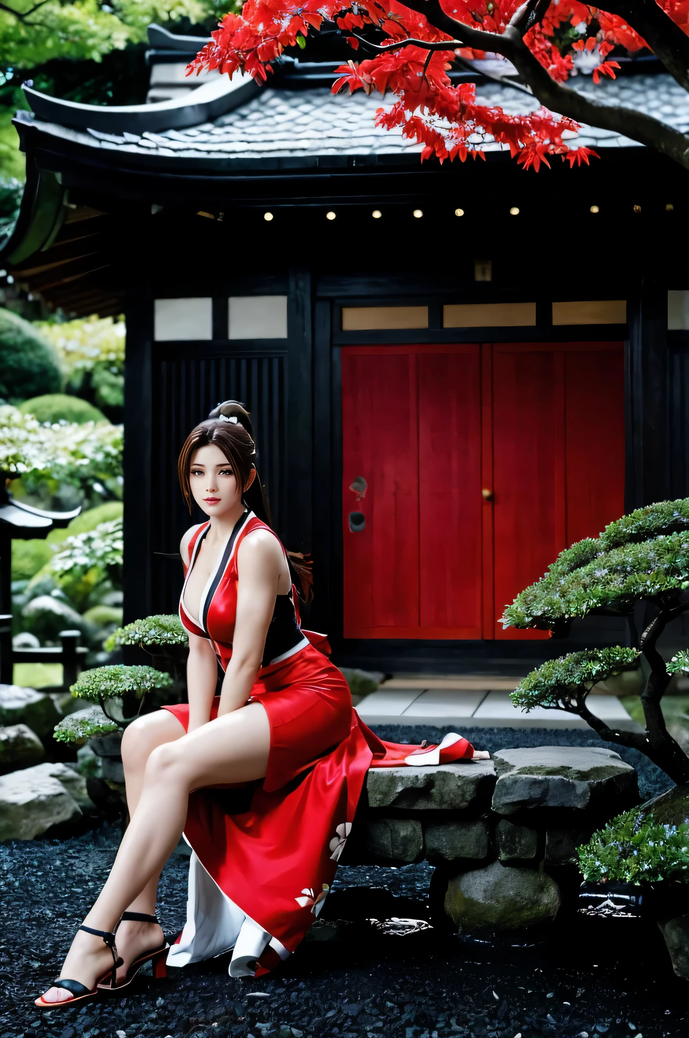 Mai Shiranui, (melhor qualidade,ultra-detalhado),(Realista:1.37), rosto bonito e detalhado, Textura ultrarrealista, rosto delicado, athletic body, cores vivas. High definition, 8k