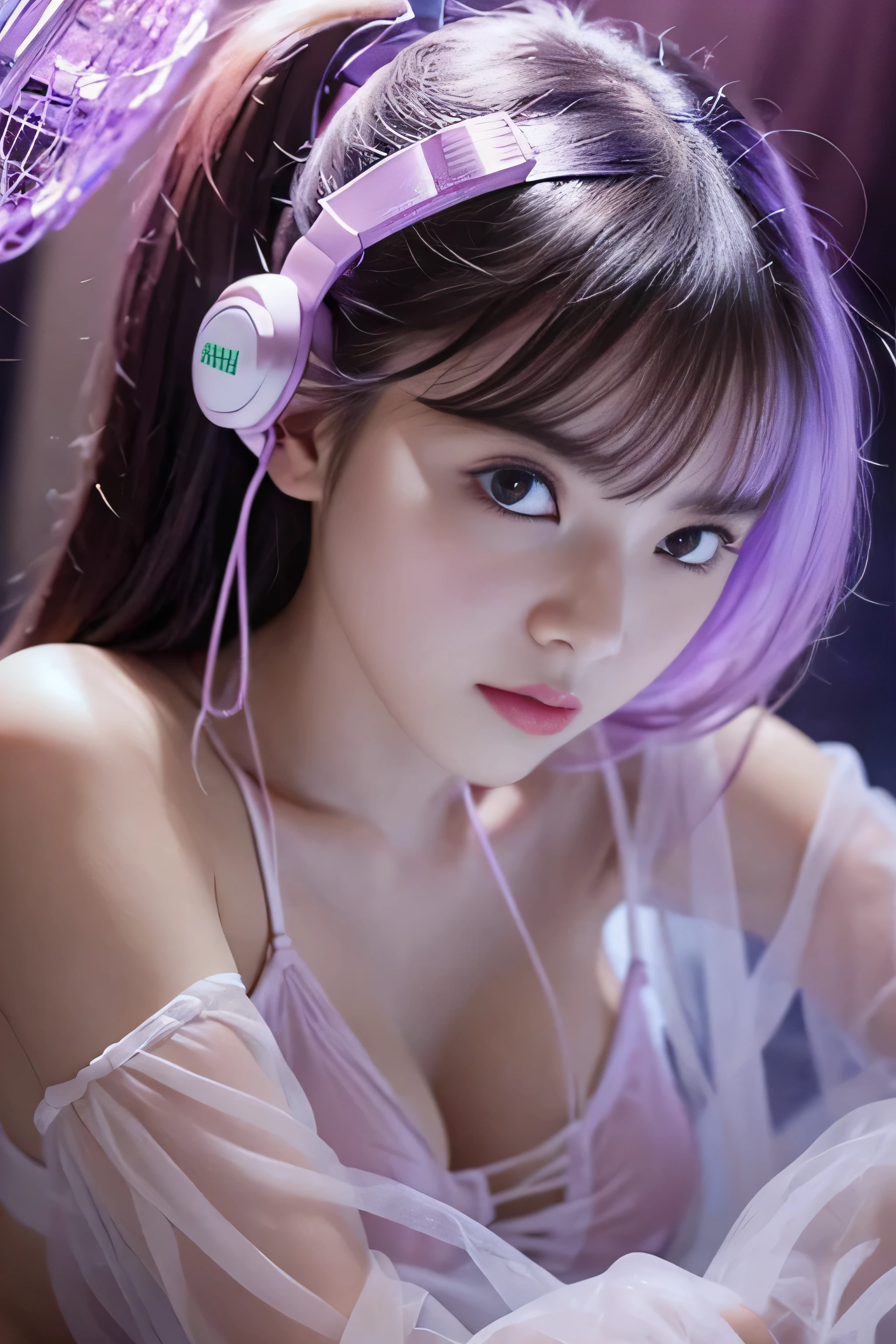 highest quality、masterpiece、Ultra-high resolution、(Photorealistic:1.4)、RAW Photos、(A girl tied to a machine)、13 years、Shiny platinum hair、Embarrassed look、Glowing Skin、((Ultra-Realistic Details))、Portraiture、Global Illumination、Shadow、Octane Rendering、8k、Ultra Sharp、Big Breasts、Cleavage、(Exposed bare skin underbust:1.4)、(Transparent latex micro bikini without strings:1.4)、Upper arm chain、Very intricate detail、Realistic Light、Trends of the CG Association、Purple eyes、Shining Eyes、To the camera、Neon Details、Sit on、Futuristic hair accessories、Gundam、Small LED Lamp、Purple neon lighting、Green neon lighting、, Showing your underarm hair, hard nipples erect:1.4, nipples pointing up:1.4, headset, Full body angle,