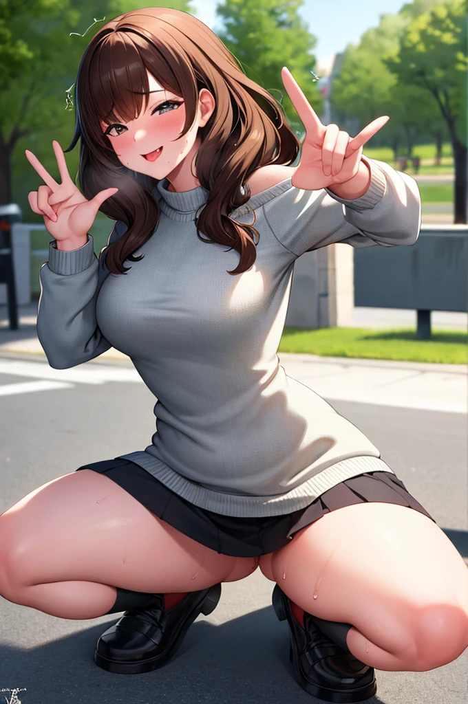 (nsfw),masterpiece,ultra detailed,sharp focus,high resolution,(v sign with both hands:1.5),(aroused:1.5),bukkake,curvy female,face focus,off-the -shoulder sweater and short skirt,brown wavy hair,tongue,(sweaty:1.2),at morning,public park,grinning,cum on face,(trembling,flying heart-shapes),(squatting and spreading legs),