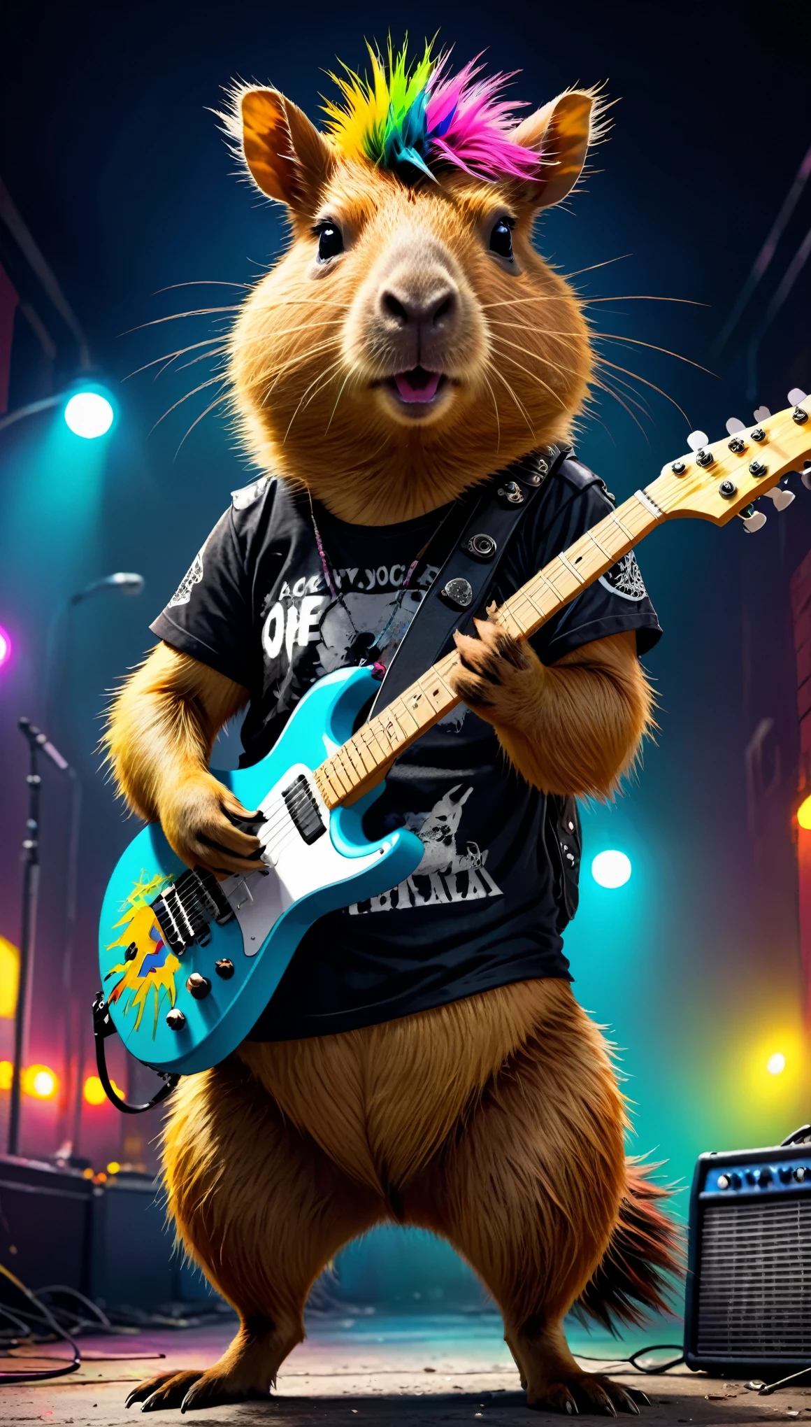 Parody, capybara with electric guitar, punk rock style, colorfull fur, Cherokee hairstyle, crazy style, punk rock style, torn t-shirt, scenic lights, 80s punk clothing