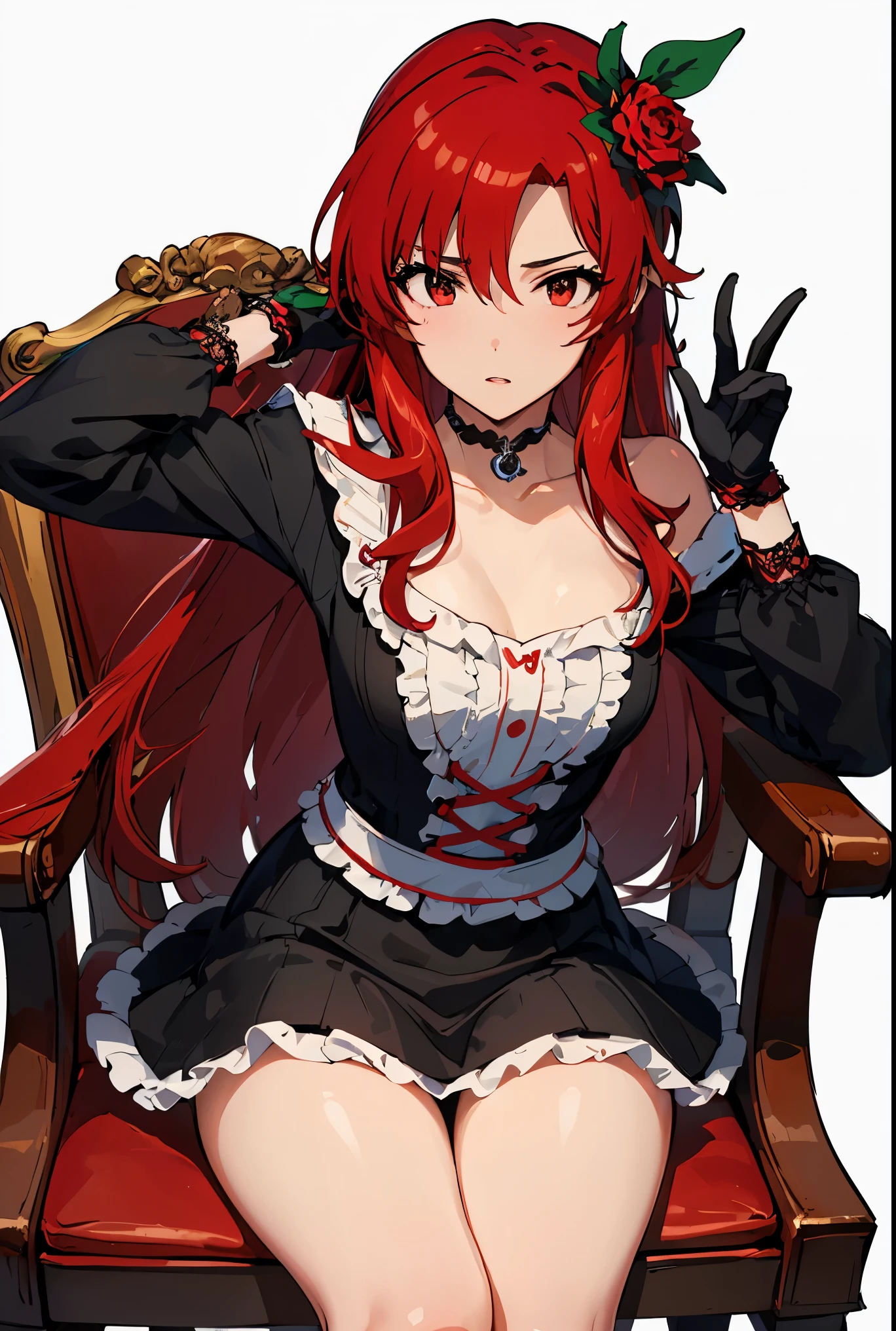 1girl, lisara restall, ((red hair:1.5)),
BREAK (black gloves, black gothic dress (idolmaster), black ribbon, black shirt, choker, collarbone, gloves, hair flower, hair ornament:1.2)
BREAK facing viewer, open_legs, chair, peace_sign,
BREAK ((anime girl)), best quality, expressive eyes, perfect face, (masterpiece), best quality, expressive eyes, perfect face, ((best quality)), ((ultra-detailed)), ((an extremely delicate and beautiful)), perfect eyes, perfect body, ((synmetry eyes)), beautiful eyes, ((thick thighs)), shiny skin, soft skin, ((synmetry body)), ((perfect body)),