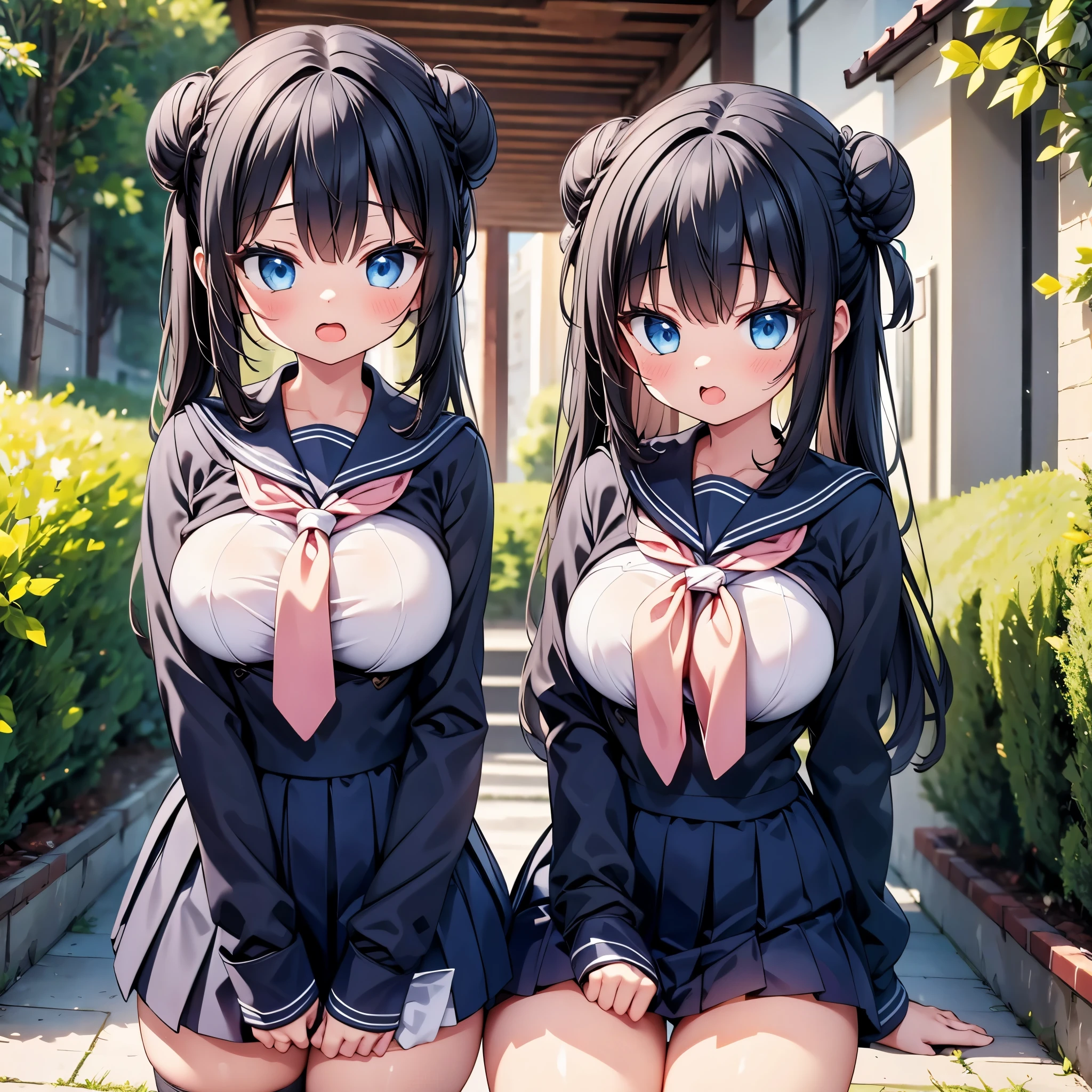 highest quality,wonderful,finely,extremely detailed CG Unity 8K wallpaper, (2 Girls,Black Hair, Blue Eyes,double bun), (medium breast:1.2), (sailor uniform:1.1), (open mouth:1.2), (long tongue:1.2), (mouth drool:1.2), (black stockings:1.1),(Thighs),(Waistline),(standing:1.2),(written boundary depth)
