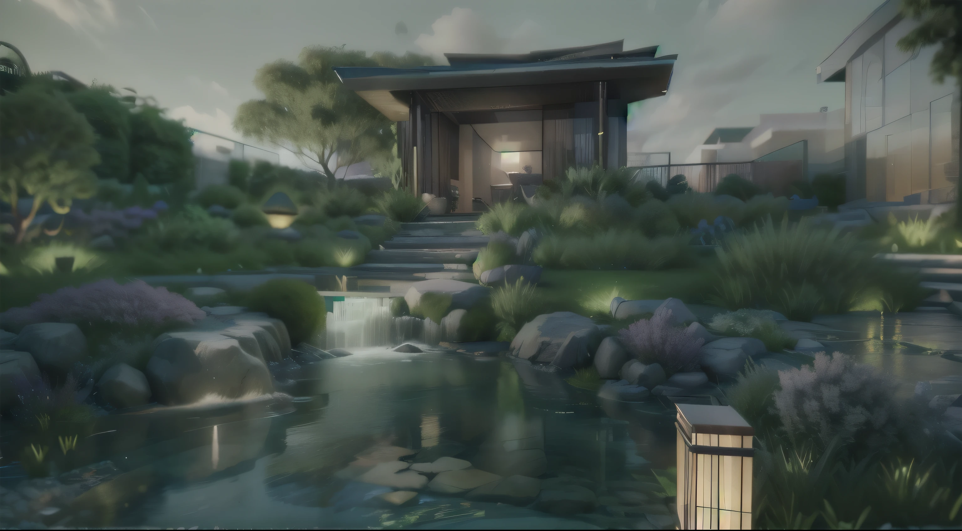There is a small garden there，There are purple flowers and rocks inside, Realistic Garden, Rendering, Rendering in Lumion pro, rendering in enscape, Japanese Garden, Highly Detailed Rendering, Brightness Renderinging, garden environment, Fully detailed rendering, Brightness Rendering, Rendering in Lumion, beautiFully detailed rendering, Very detailed rendering, Is transparent, Highly detailed scenes