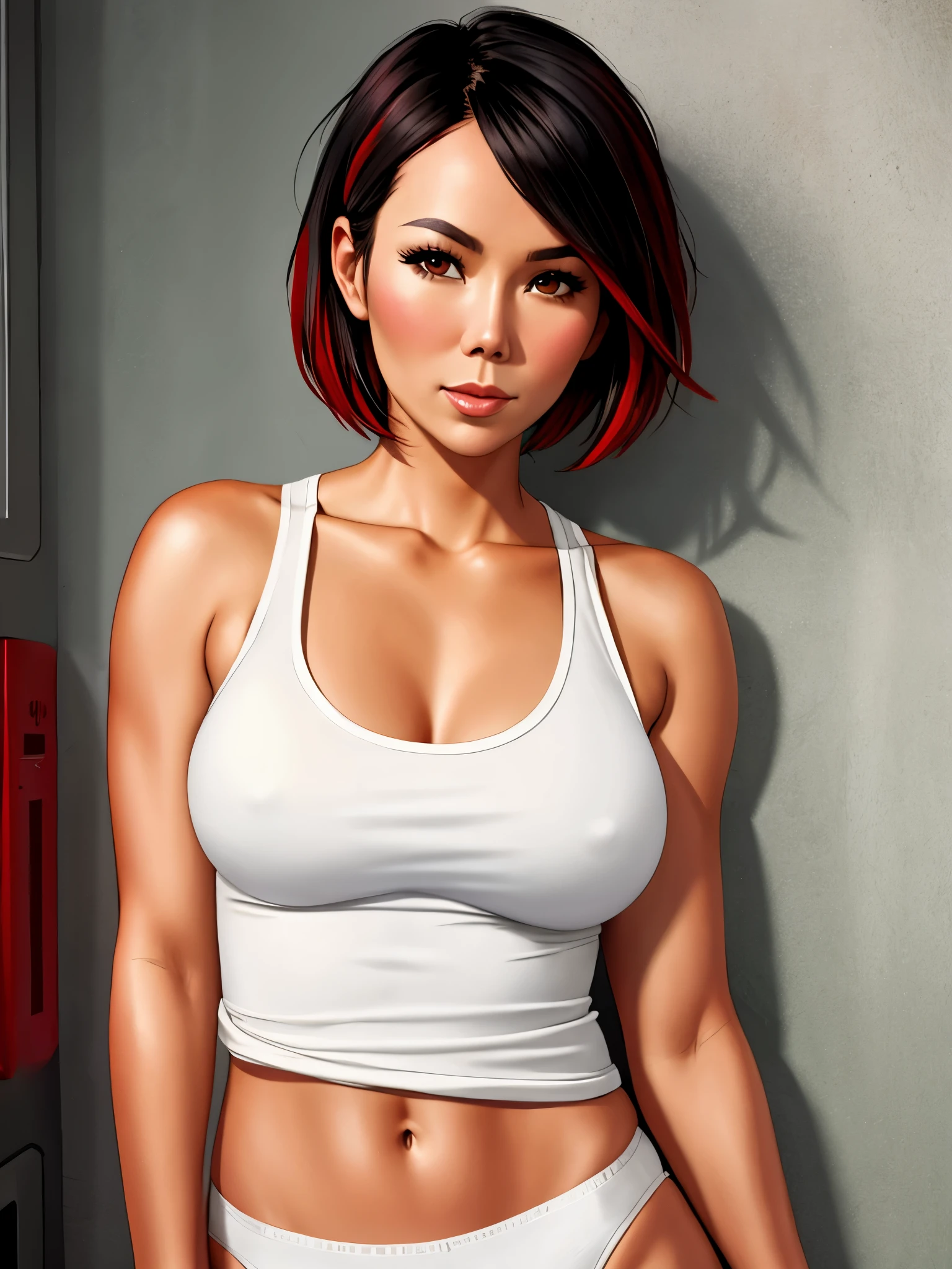 Lexa Doig, white tank top, white panties, short bobcut black hair with red streaks