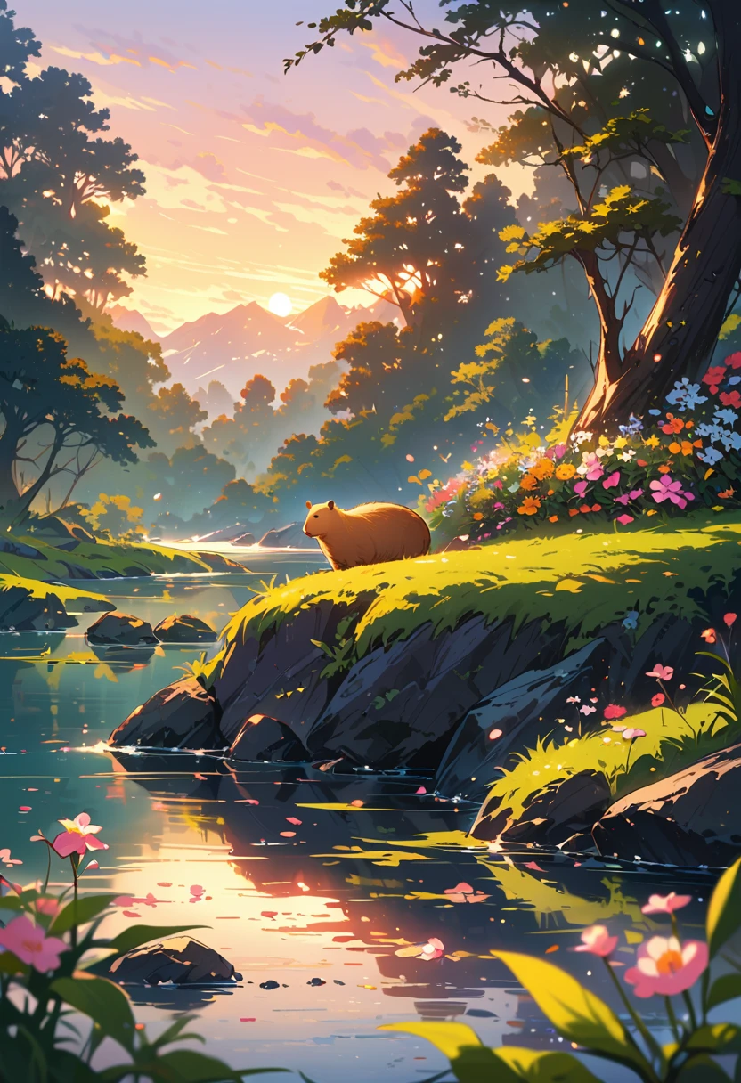 capybara, Solitary, Waterside, relaxed expression, Fluffy fur, Rich natural environment, Sunset and soft lights, Flowers and plants, Rocks and roots, Insects and small animals, Reflections on the water, Peaceful scenery, Water spray, Peaceful and leisurely life, masterpiece), (best quality), (Super detailed), irrationality, complex and detailed, Absolute resolution, Ridiculous, high resolution, texture,

