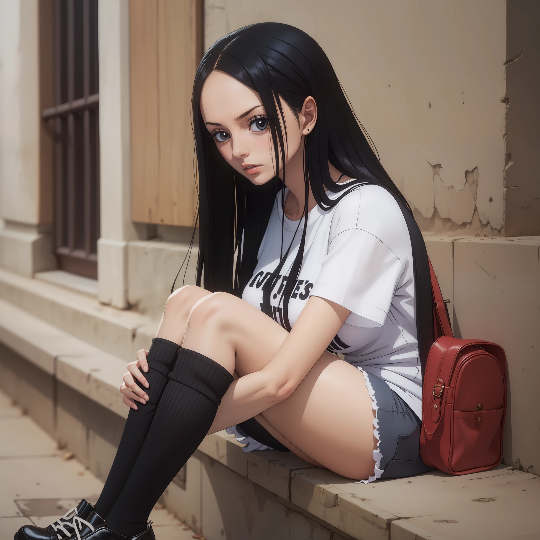 Girl with long black hair，Wear over-the-knee socks