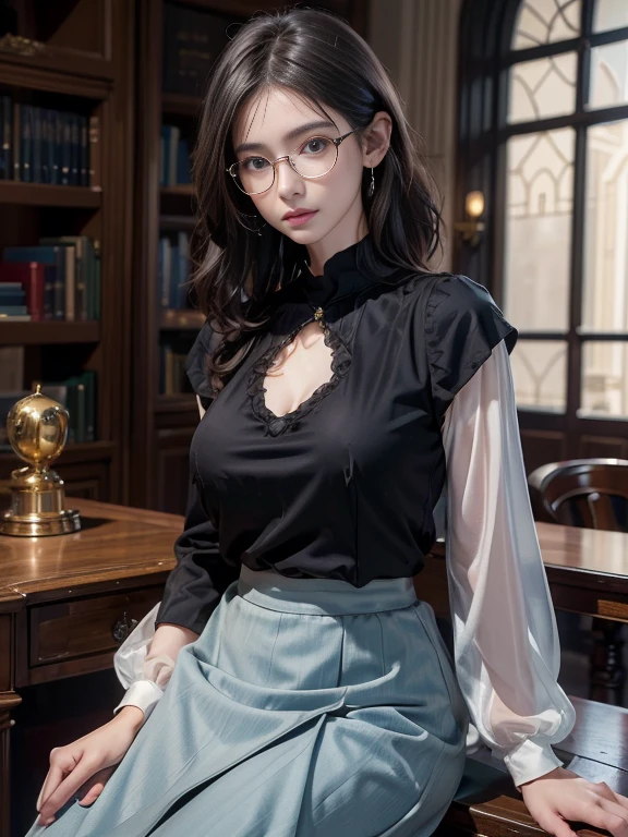 (Realistic、High resolution:1.3),((Mode casual fashion:1.4)),alone, One Girl, masterpiece, highest quality, Very detailed, Cinema Lighting, Intricate details, High resolution, Official Art, Beautifully detailed face and eyes, High resolutionのイラスト, 8k, (short hair), Grey Hair:1.3, Very thin body, ((Long skirt、Black blouse :1.3)) 、Single Blade, blue eyes, Glasses, Conceit, Sit on a chair, Upper Body, Big Breasts, White shirt, Book_stack, library, ((vine)), Looking at the audience