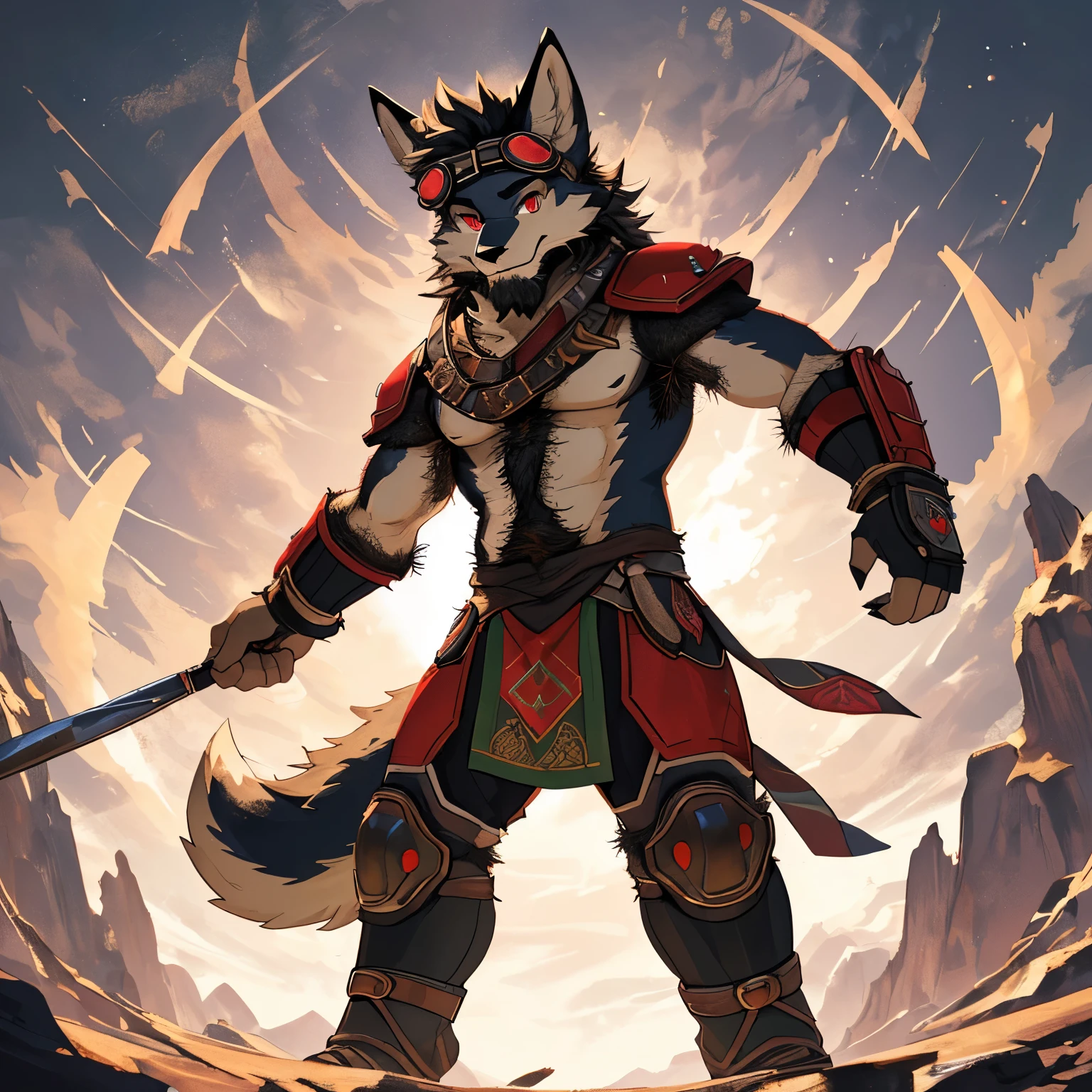 masterpiece, high quality, hi res, solo, teenage Furry, teen, raccoon, spiked brown hair only on head, red scarf, blue eyes, goggles, chain harness, Black loincloth, red cape, masterpiece, No muscles, Detailed hands, Flat body, Skinny, claws, high resolution, metal cuffs on wrists, metal cuffs on ankles, no shirt, no underwear, action pose, back lighting