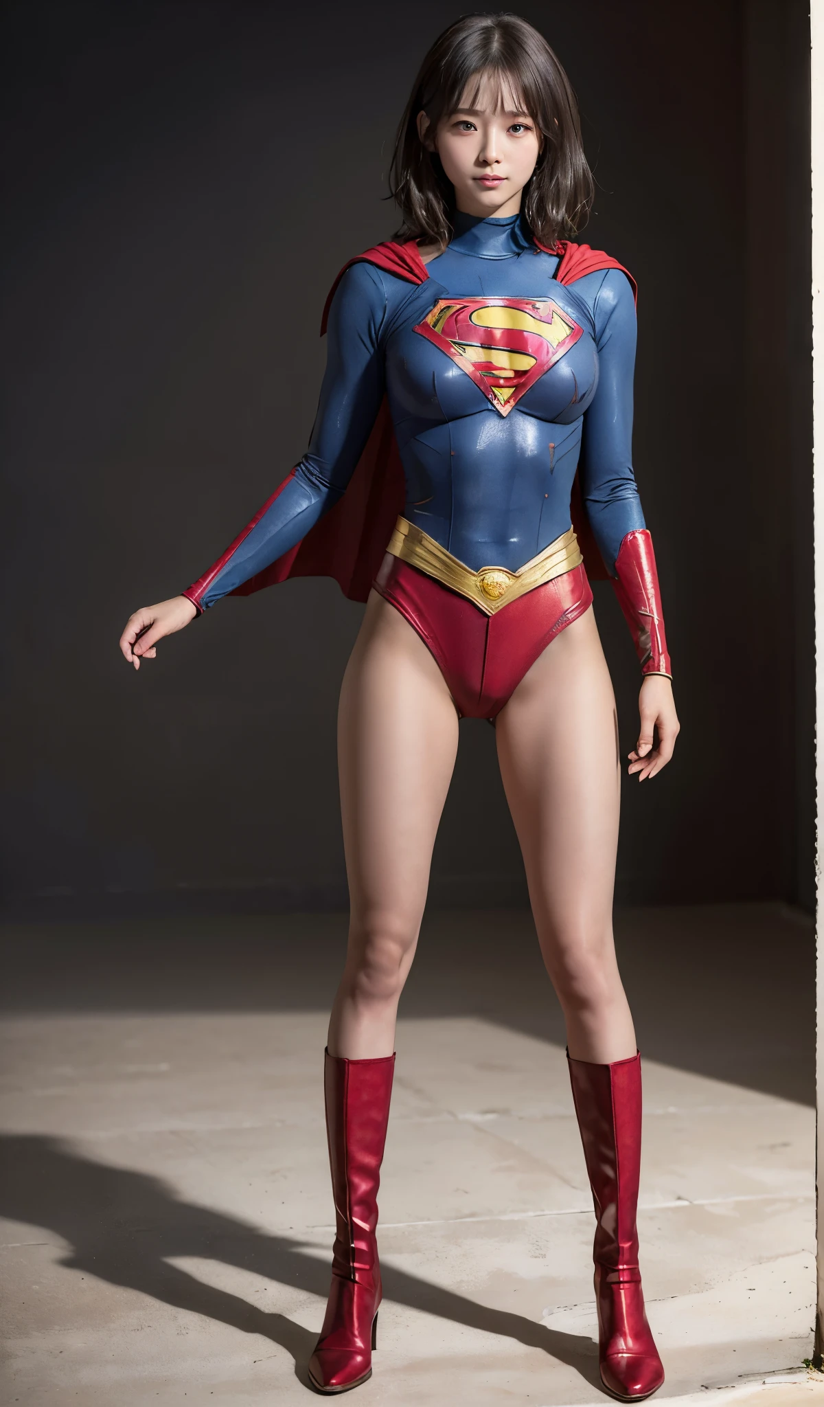 No background、(((Beautiful legs in black tights.)))、(((Legally express the beauty of your smile)))、((((Make the most of your original images)))、(((Supergirl Costume)))、(((beautiful short bob hair)))、(((suffering)))、(((Please wear black tights....、Wear red boots)))、((Best image quality、8K))、((highest quality、8K、masterpiece:1.3))、(((Preserve background )))、Sharp focus:1.2、Beautiful woman with perfect figure:1.4、Thin abdominal muscles:1.2、Wet body:1.5、Highly detailed face and skin texture、8K