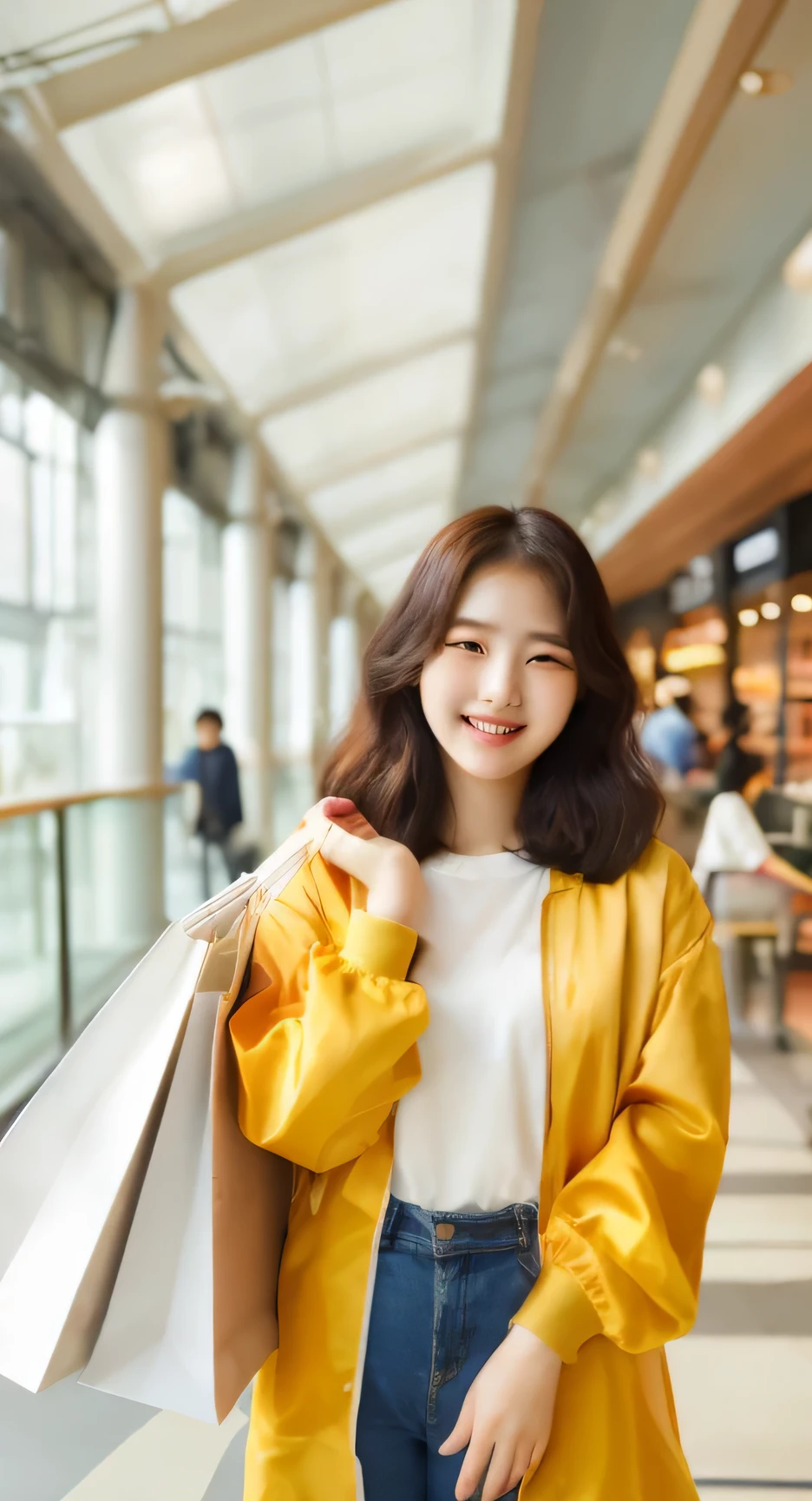 korean woman beauty happy expression, 20 years old, white shirt, orenge jackets open, happy holding shopping bag , narutal light, high color, hight contrast, medium view