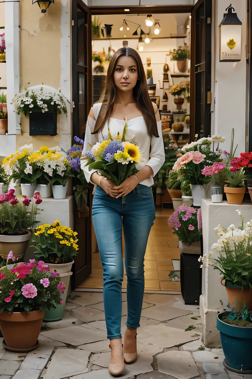 full body, beautiful Mediterranean woman, brunette, Mediterranean, not too thin, green eyes, long hair. , she buys a fllowers in a flower shop in Brera, Milan, real light, sunny



