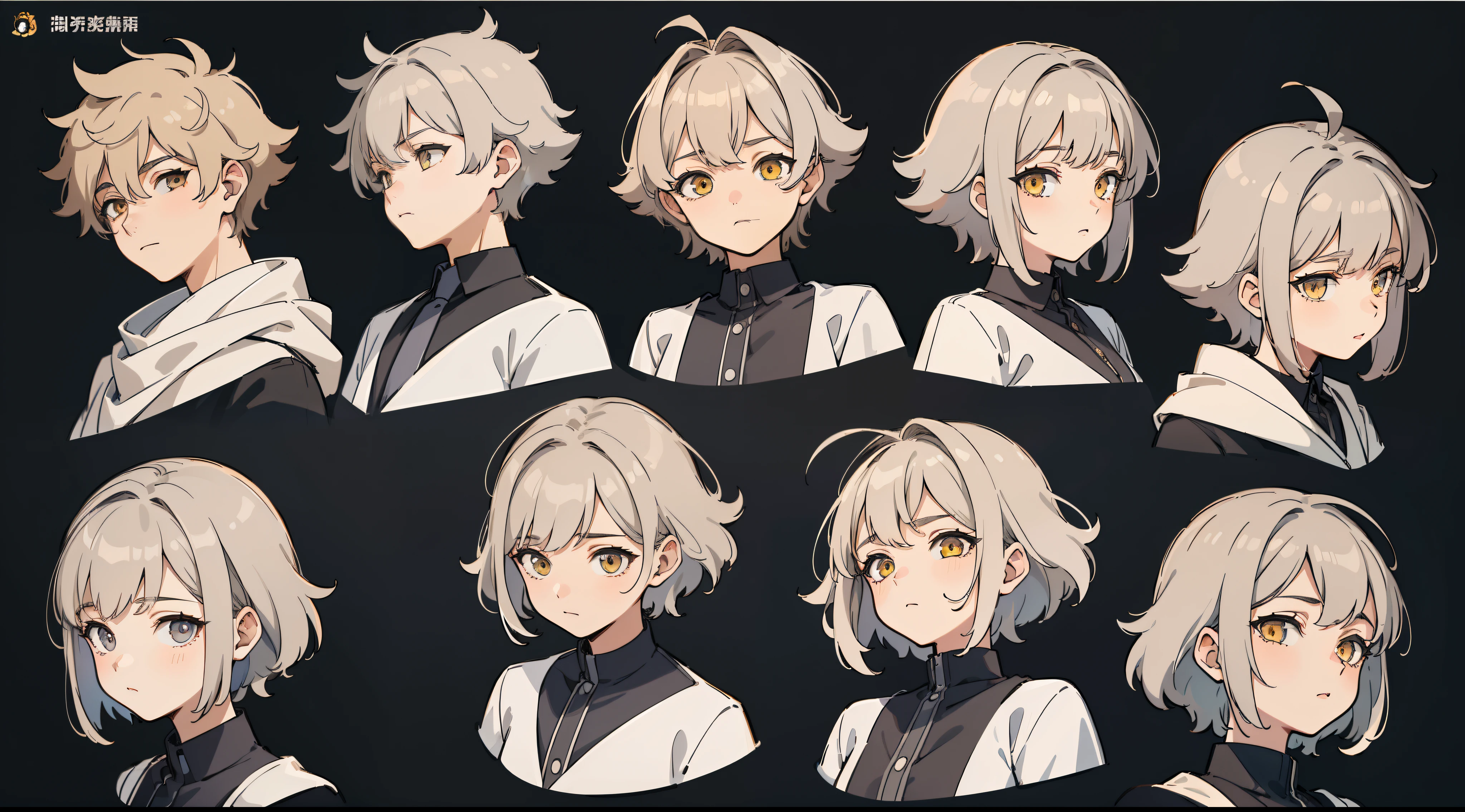 ((Masterpiece, Highest quality)), Detailed face, character sheets, full bodyesbian, 1boys,shoun,children's,Babe, Yellow eyes, Gray hair, short detailed hair, Messy hair, , hair between eye,Black loose blouse, Full of details, Multiple poses and expressions, Highly detailed, Depth, Many parts