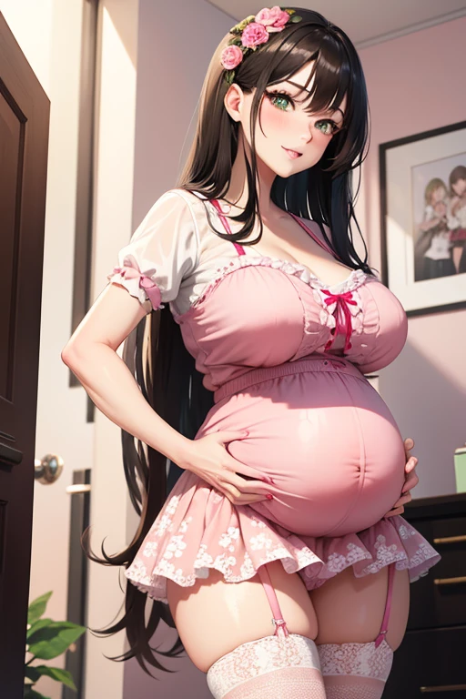 1 y MILregnant, pink floral skirt, light pink fishnets stockings, long hair brunette, green eyes.