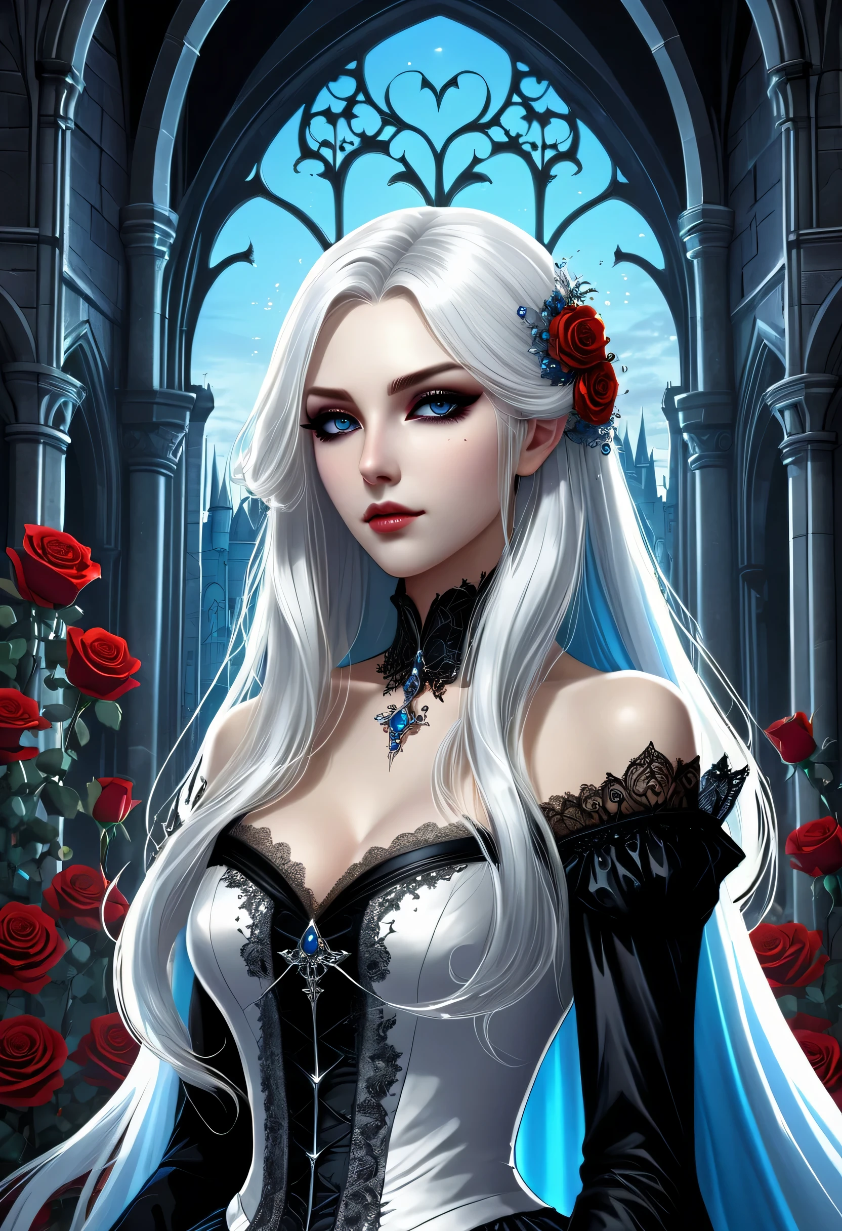  anime Vampire Princess, long white hair, gothic style, roses in hair, dark black eyelashes, white glow irises, light blue dress, digital illustration, comic style, gothic renaissance, perfect anatomy, centered, approaching perfection, dynamic, highly detailed, gothic castle detailed background,concept art, smooth, sharp focus, illustration, ,glitter 