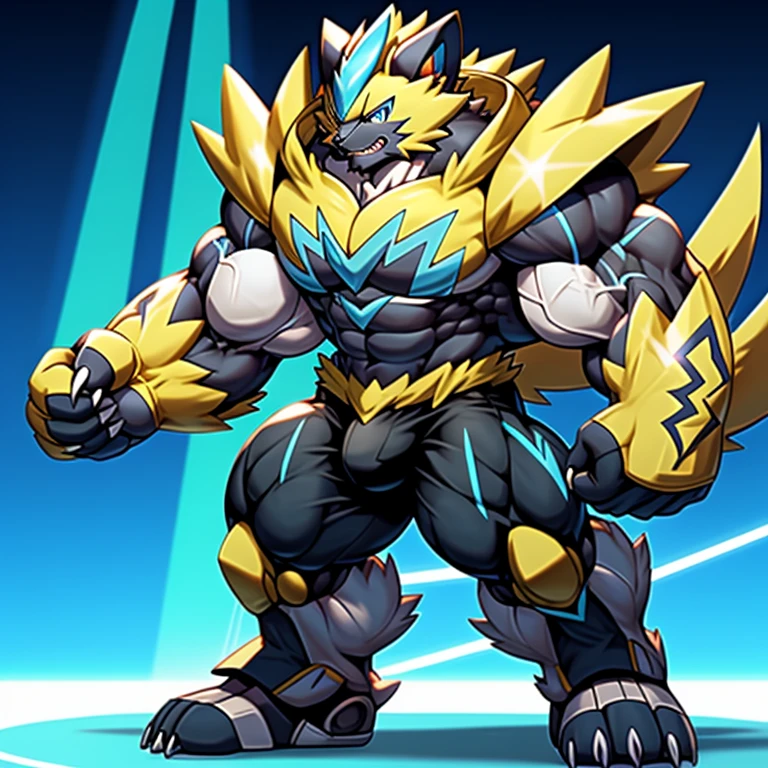 (Pokémon) Zeraora's giant robot. big muscle. GIANT. pecs, triceps, traps, waist narrow. bulge in the crotch,
body full of huge muscles. bulge in the crotch,
He wears a black cloak on his back. The cloak is so long that it touches the ground,
The claws are sharp,
Sharp teeth, Protecting Zeraora's design and color scheme. Wearing cyberpunk mecha, Its full plate armor emphasizes the muscles.
He wears the same armor as himself from head to foot. unusually developed muscular body,
(Pokémon) A Zeraora at the bodybuilding competition,
massive, huge muscular bodybuilder with extraordinary biceps, pecs, triceps, traps,
gigachad, 300 lbs.