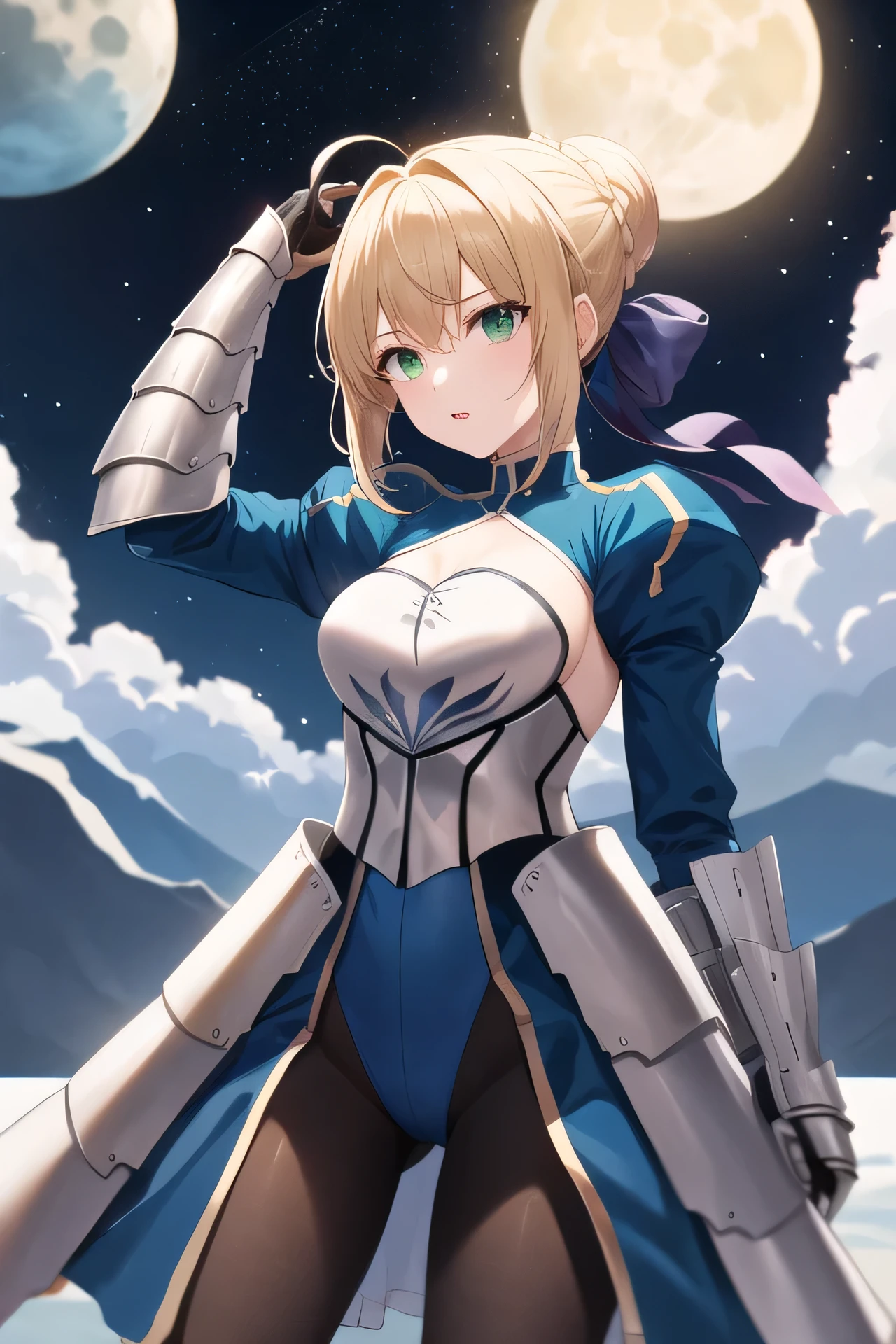 master piece, best quality, tall, bbsaber, green eyes, ahoge, field, stand, sword, Excalibur \(fate/night stay\), outdoor, cleavage