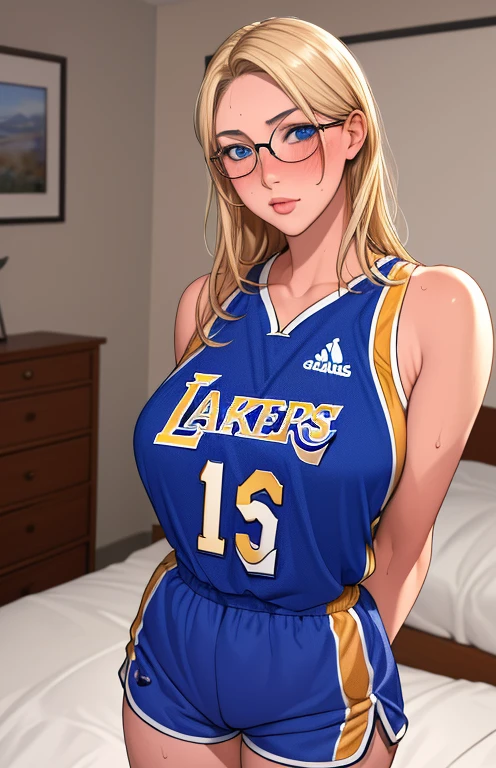 Masterpiece, best quality, high resolution, 1girl,mature female, big breasts, blonde hair, blue eyes, slim waist, eyeglasses, looking at viewer, perfect anatomy, los angeles lakers jersey #15, dolphin shorts, arms behind back, indoors, bedroom, sweaty body, blushing