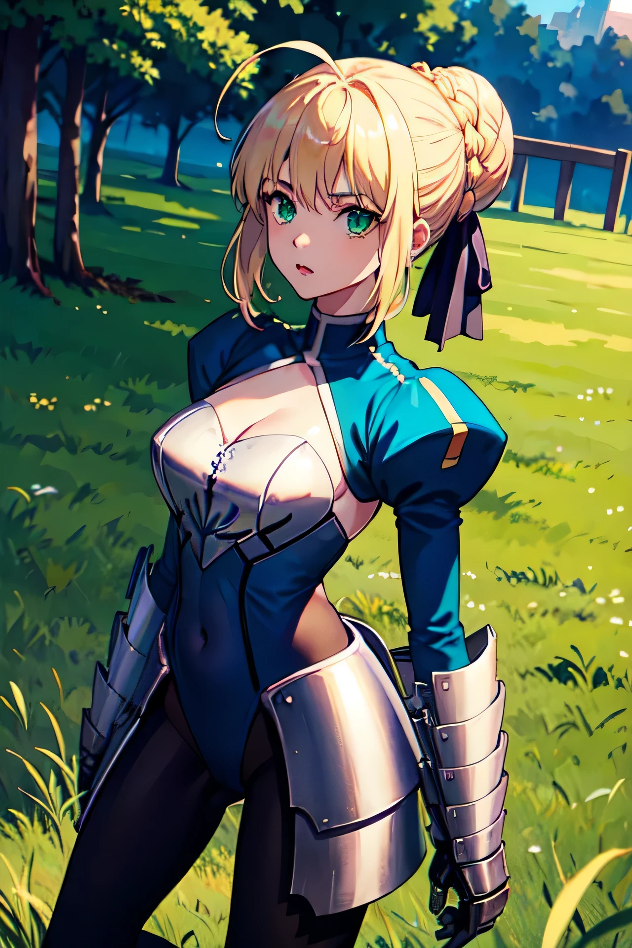 masterpiece、highest quality、High resolution、moon、Ahoge、ph saver、ph Artoria、Anime Women、solo、Blue leotard、armor、Black Pantyhose、Big Breasts、A woman with very large breasts、 armored leotard、Shine、Gauntlet、breastplate、leotard sleeve withan puffy sleeve、leotard bottom with an high leg、single hair bun、Blonde、Green Eyes、braided ponytail、bangs、blue bow in hair、Are standing、Cowboy Shot、Outdoor、Grass original、Grass、