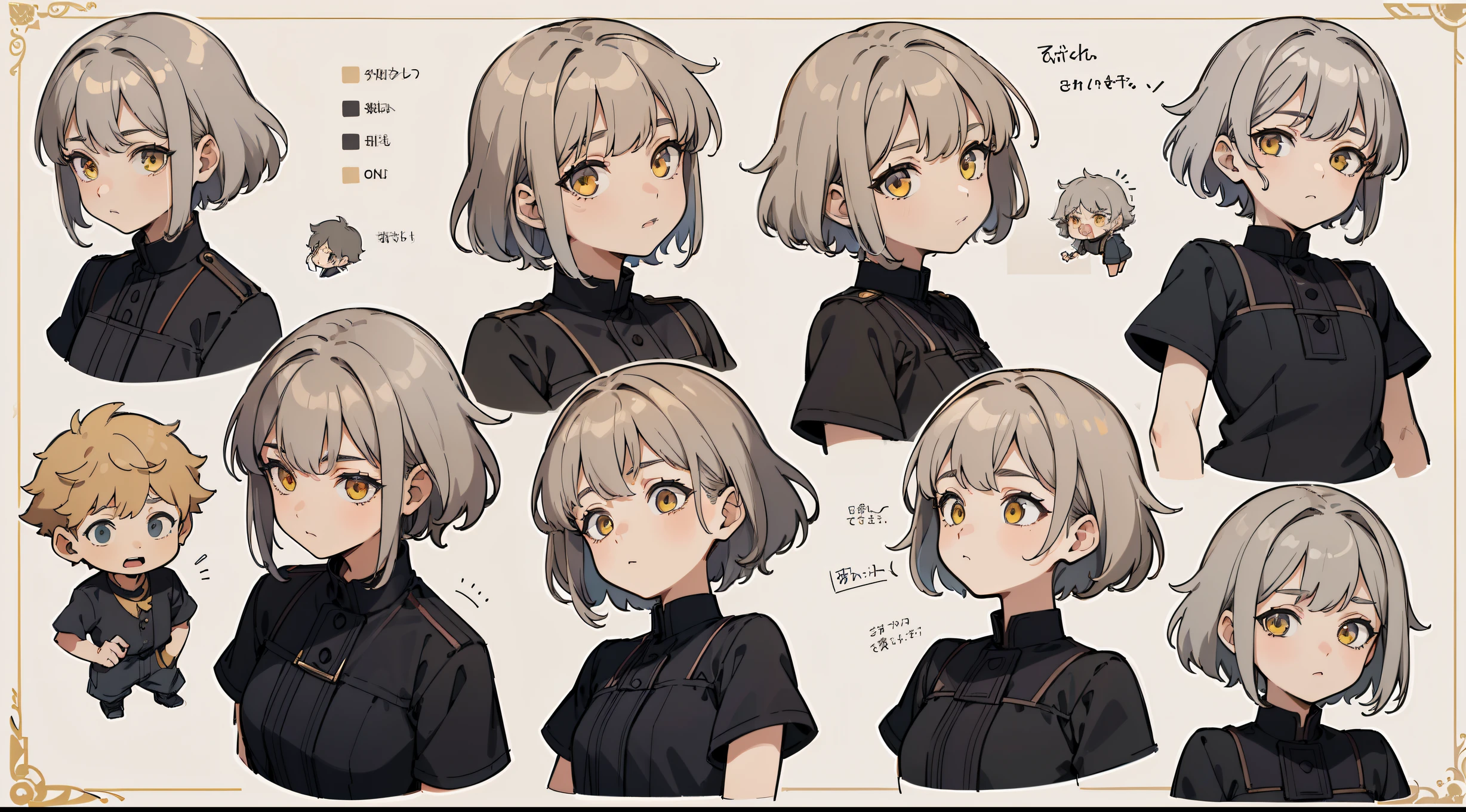((Masterpiece, Highest quality)), Detailed face, character sheets, full bodyesbian, 1boys,shoun，children's，Babe， Yellow eyes, Gray hair,  short detailed hair， Messy hair, , hair between eye,Black loose blouse, Full of details, Multiple poses and expressions, Highly detailed, Depth, Many parts